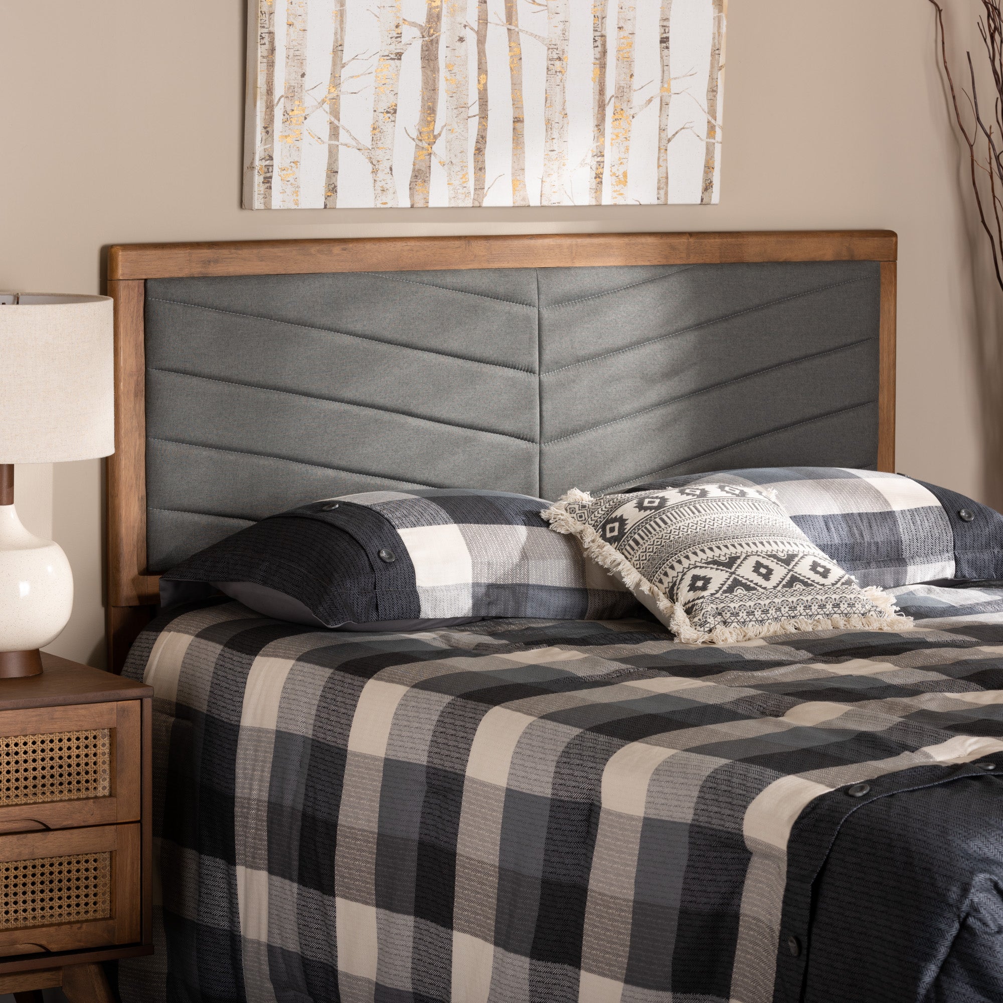 Iden Modern and Contemporary Fabric Upholstered and Finished Wood Headboard