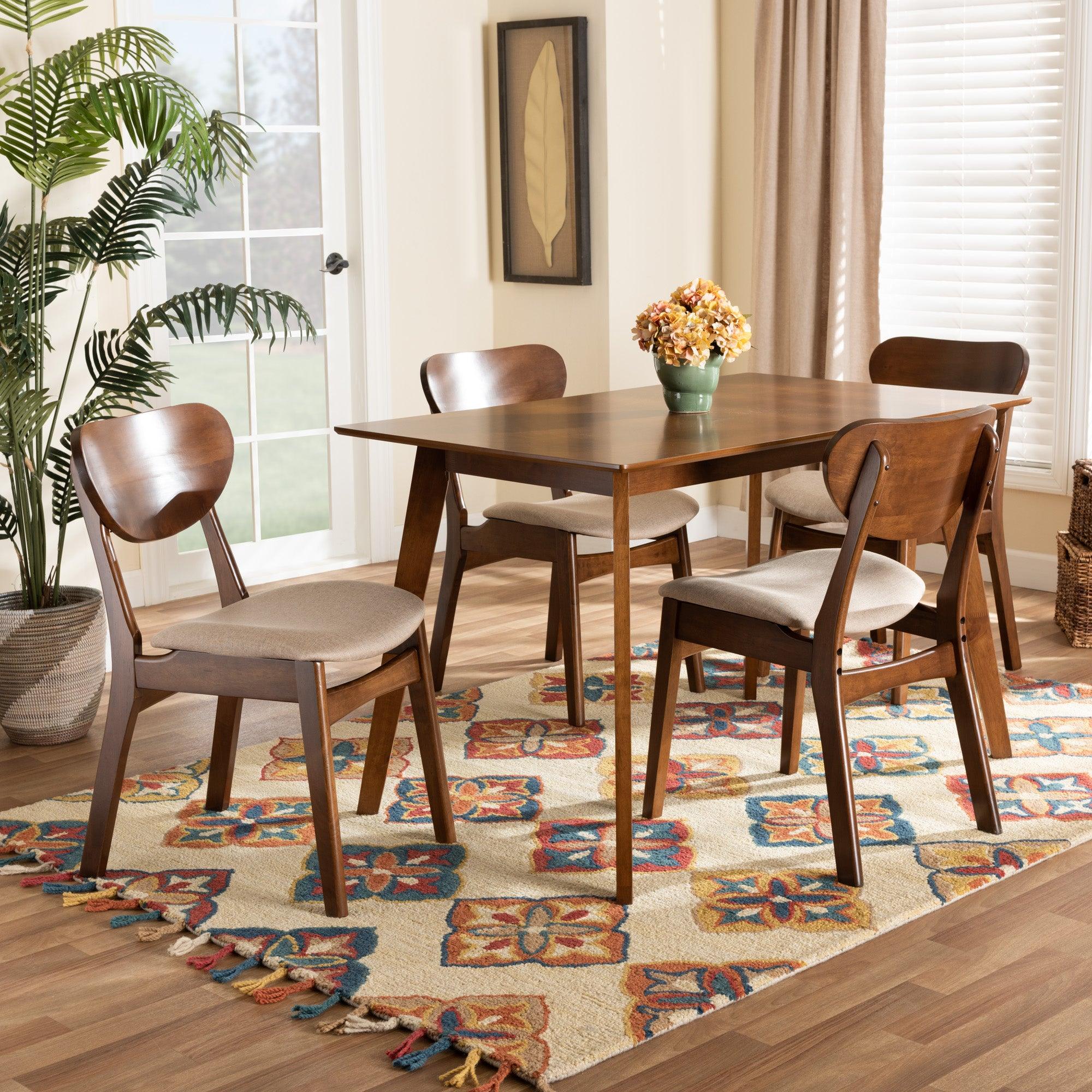 Katya Mid-Century Modern Sand Fabric Upholstered and Finished Wood 5-Piece Dining Set