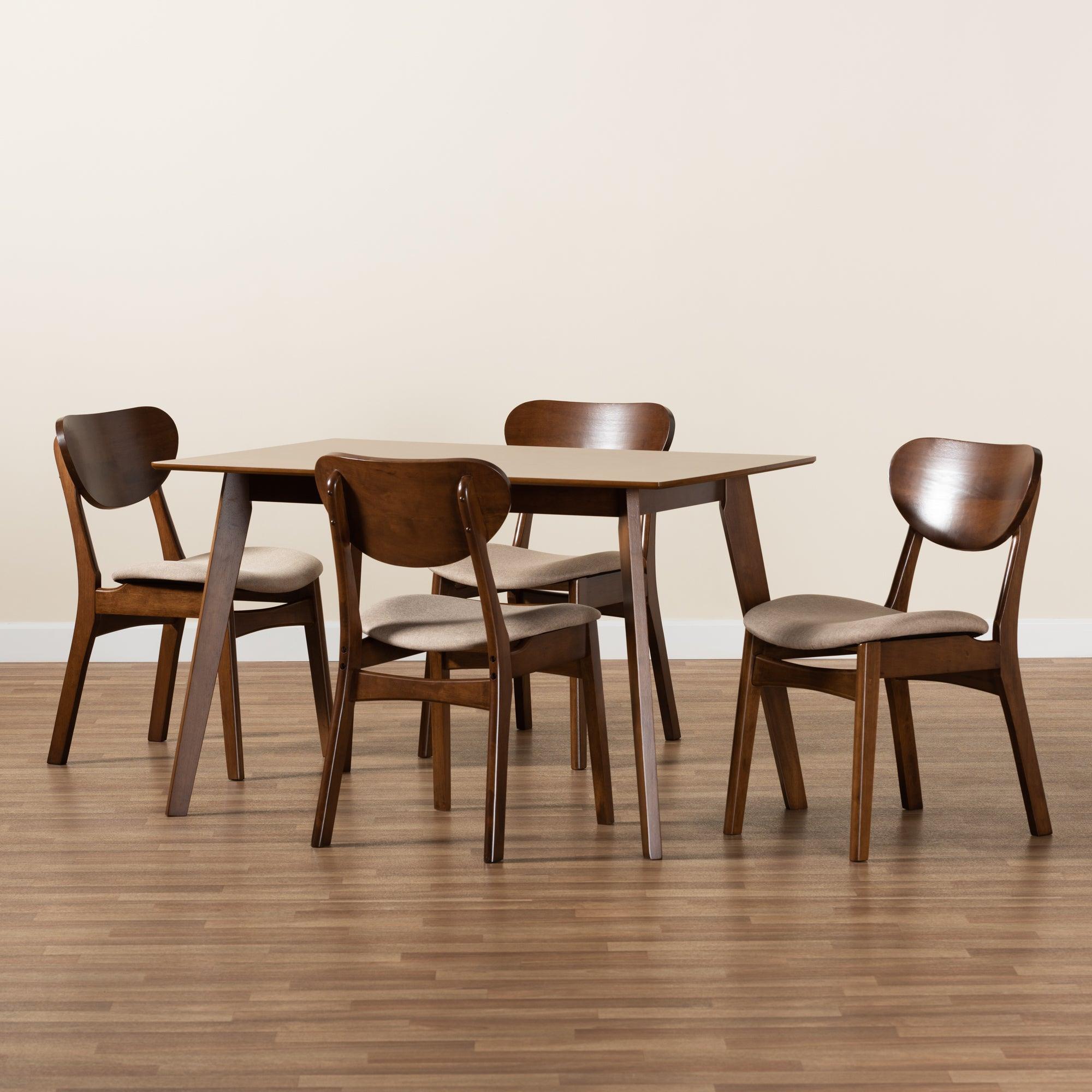 Katya Mid-Century Modern Sand Fabric Upholstered and Finished Wood 5-Piece Dining Set