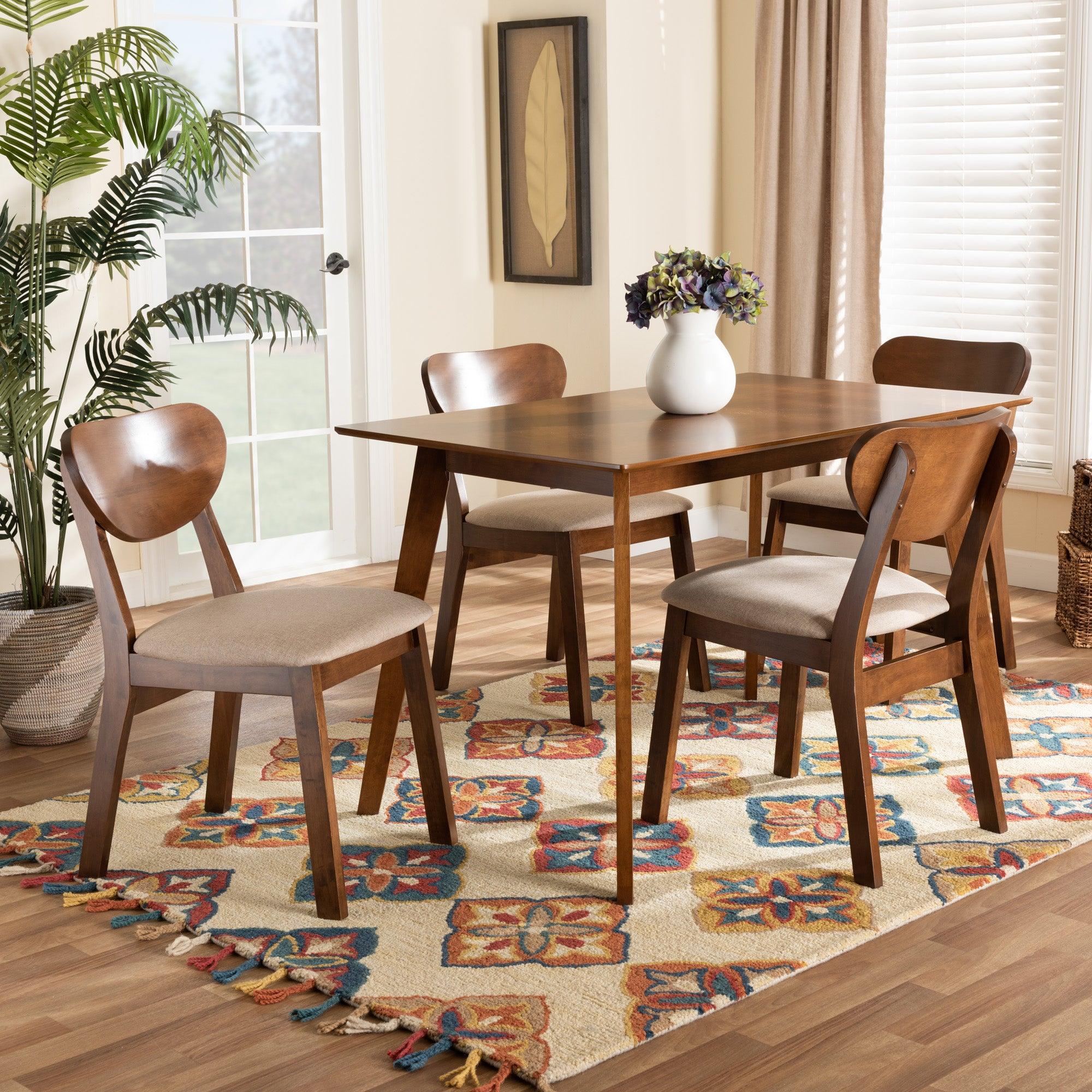 Damara Mid-Century Modern Sand Fabric Upholstered and Finished Wood 5-Piece Dining Set