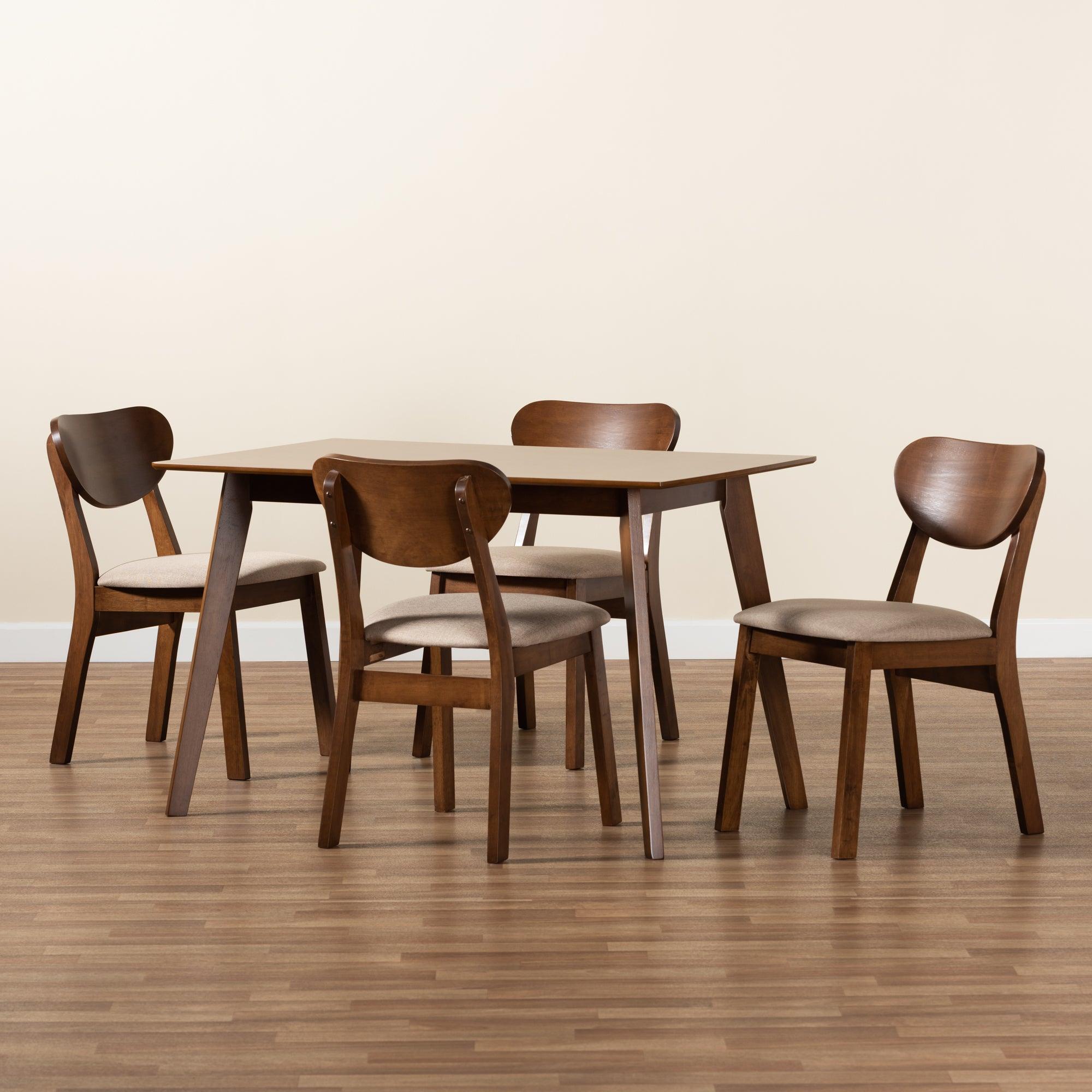 Damara Mid-Century Modern Sand Fabric Upholstered and Finished Wood 5-Piece Dining Set