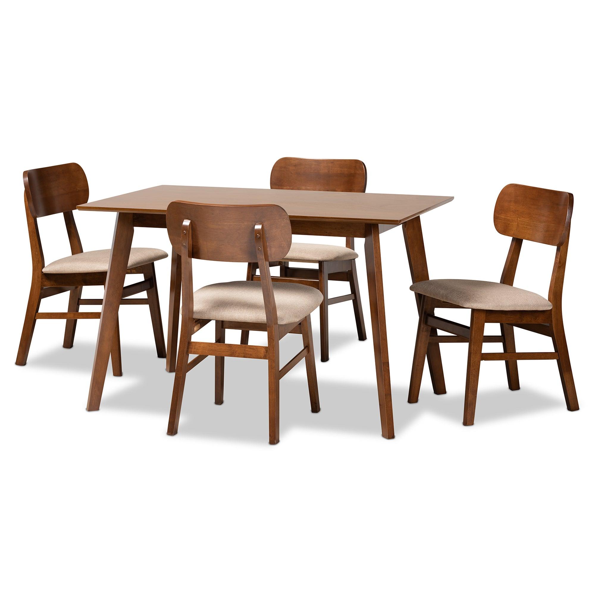 Euclid Mid-Century Modern Sand Fabric Upholstered and Finished Wood 5-Piece Dining Set