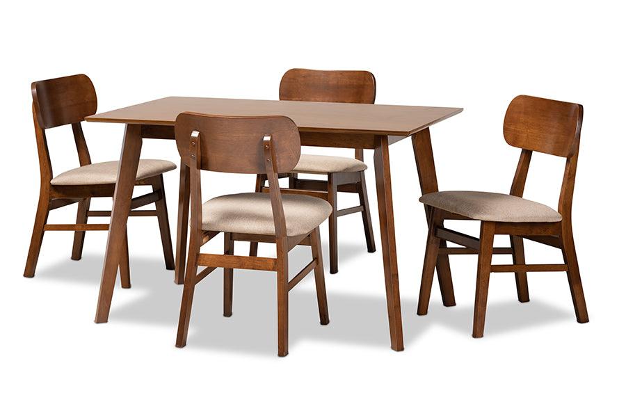 Euclid Mid-Century Modern Sand Fabric Upholstered and Finished Wood 5-Piece Dining Set