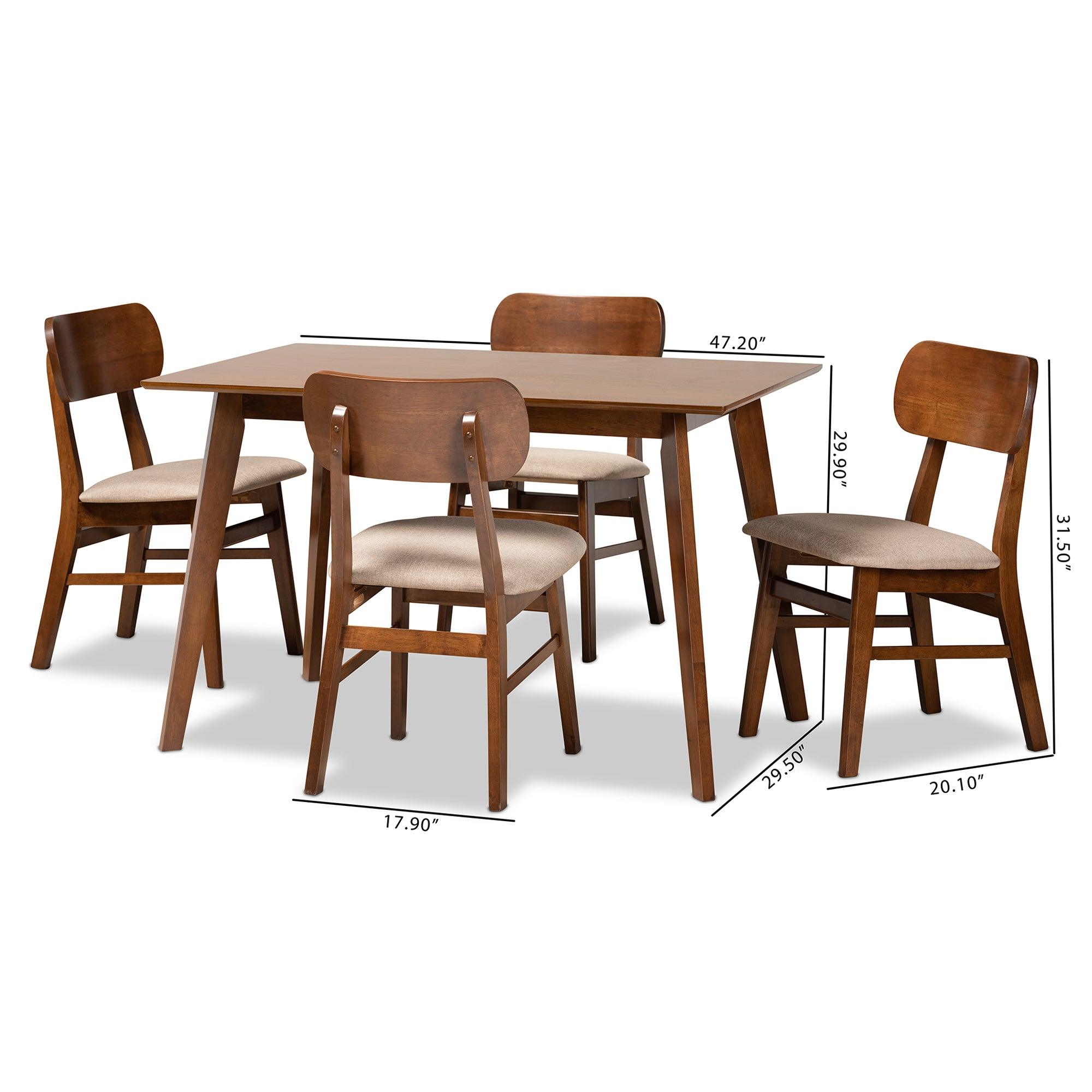Euclid Mid-Century Modern Sand Fabric Upholstered and Finished Wood 5-Piece Dining Set
