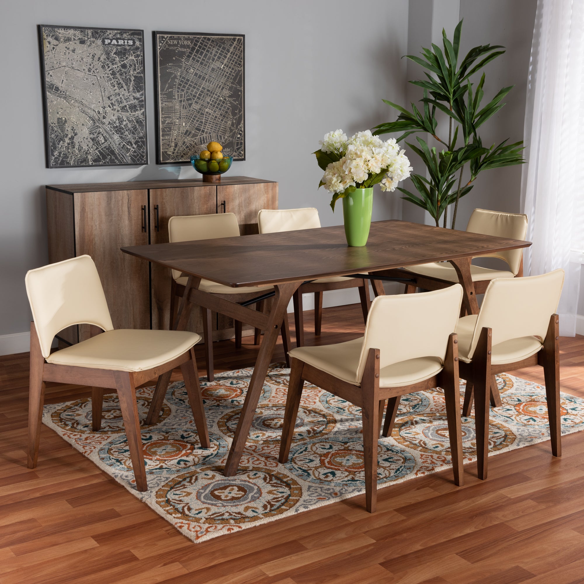 Afton Mid-Century Modern Faux Leather Upholstered and Finished Wood 7-Piece Dining Set