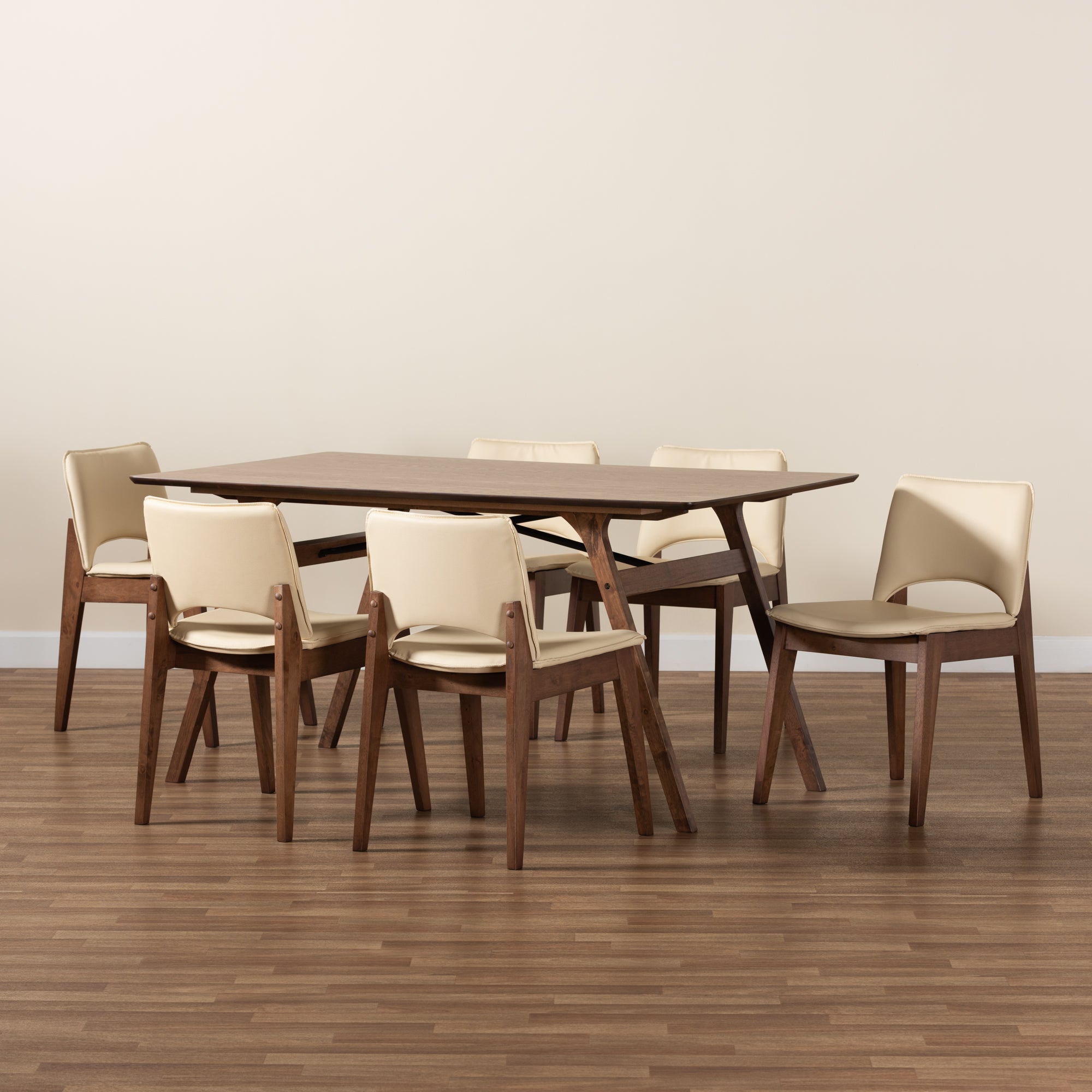 Afton Mid-Century Modern Faux Leather Upholstered and Finished Wood 7-Piece Dining Set