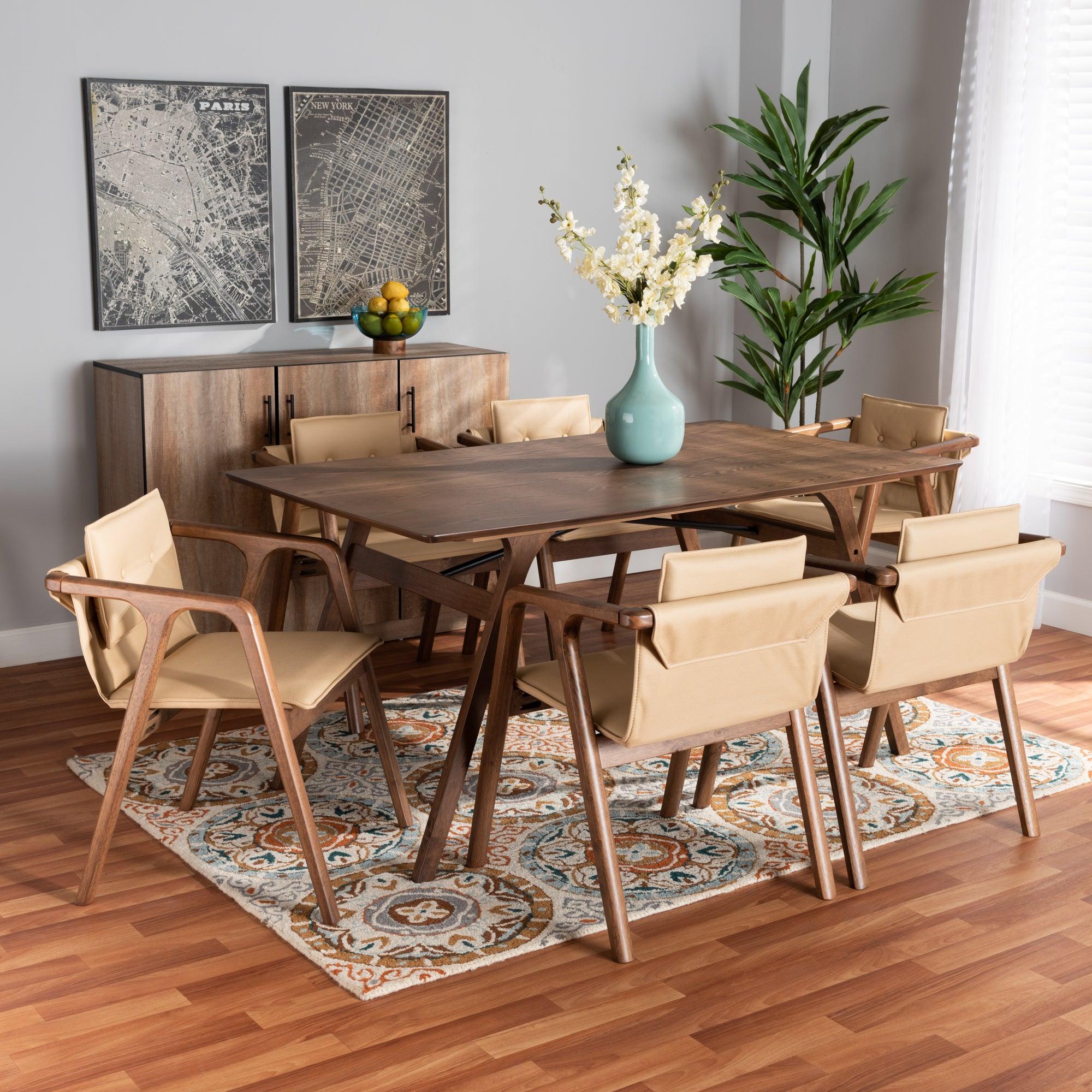Marcena Mid-Century Modern Imitation Leather Upholstered and Finished Wood 7-Piece Dining Set