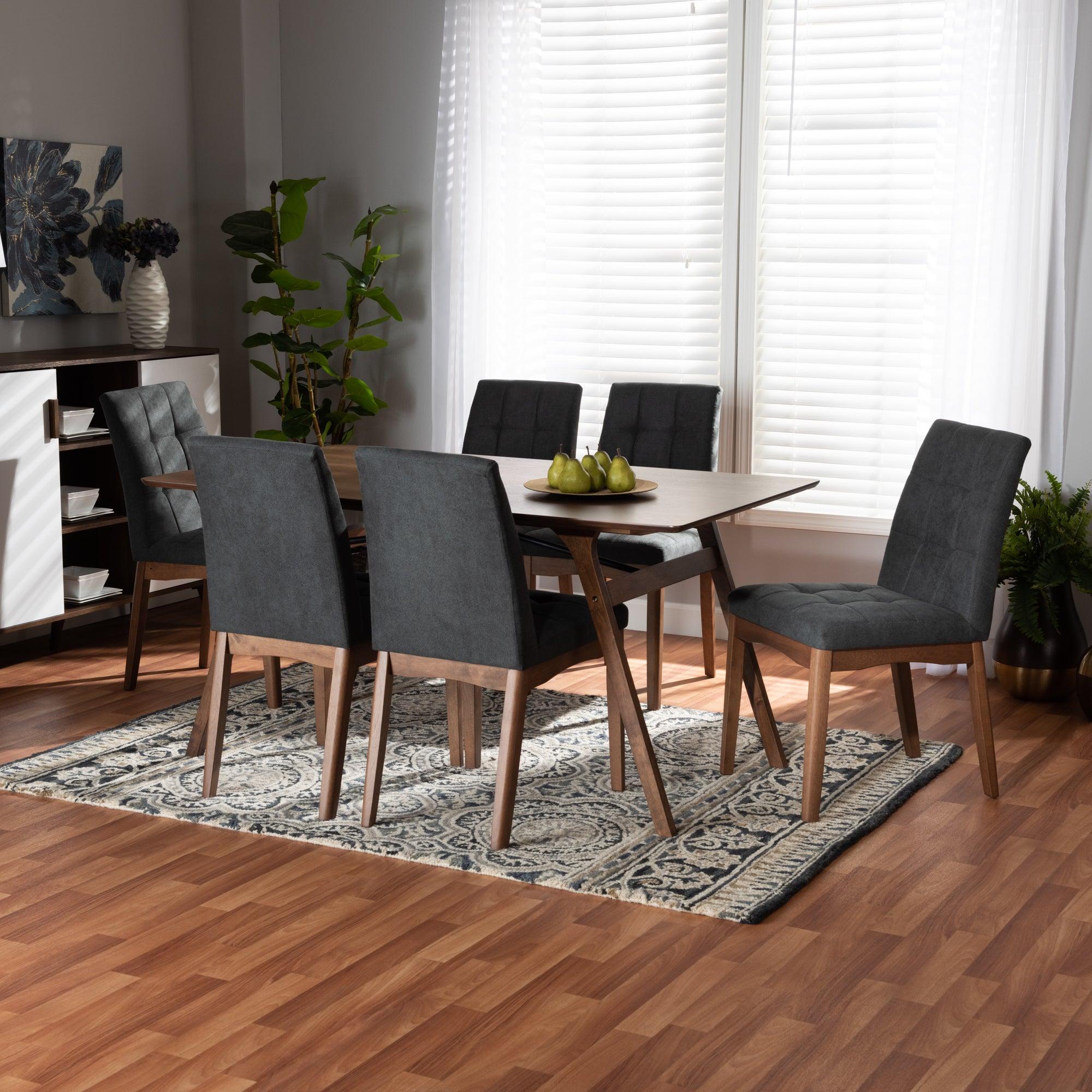 Tara Mid-Century Modern Dark Fabric Upholstered and Finished Wood 7-Piece Dining Set