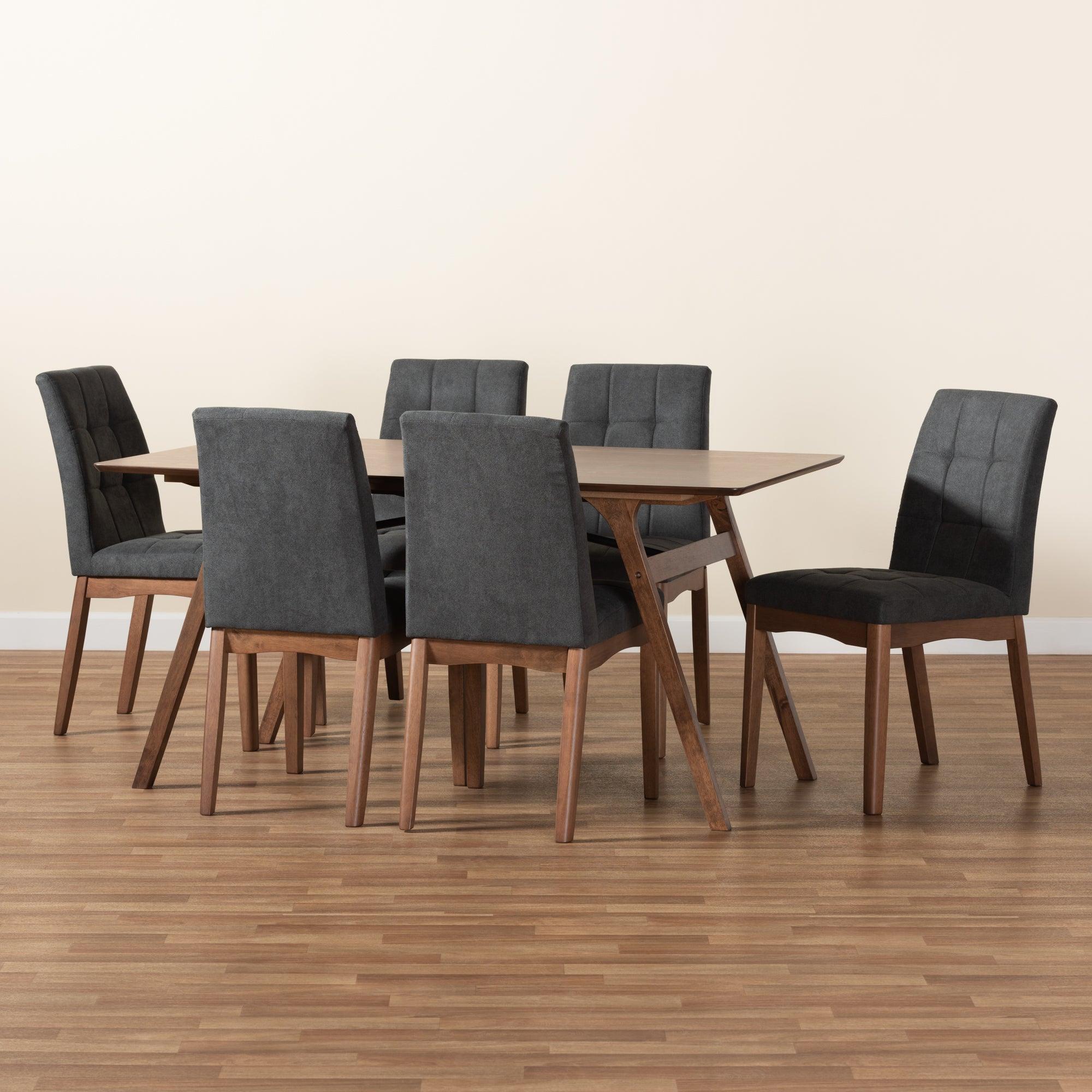 Tara Mid-Century Modern Dark Fabric Upholstered and Finished Wood 7-Piece Dining Set