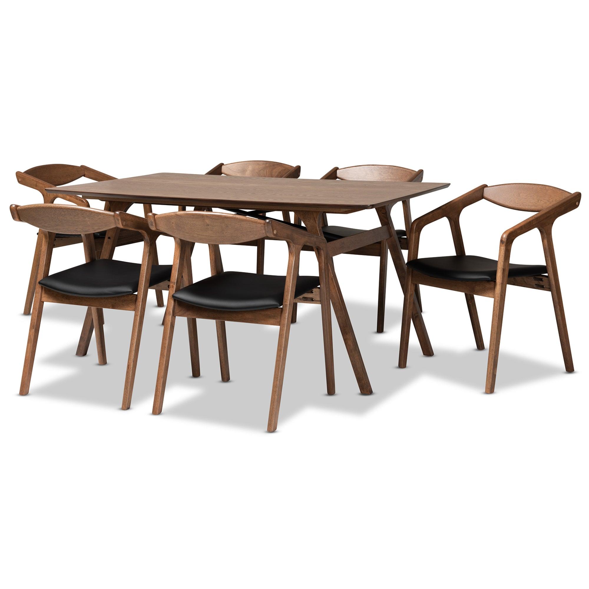 Harland Mid-Century Modern Faux Leather Upholstered and Finished Wood 7-Piece Dining Set