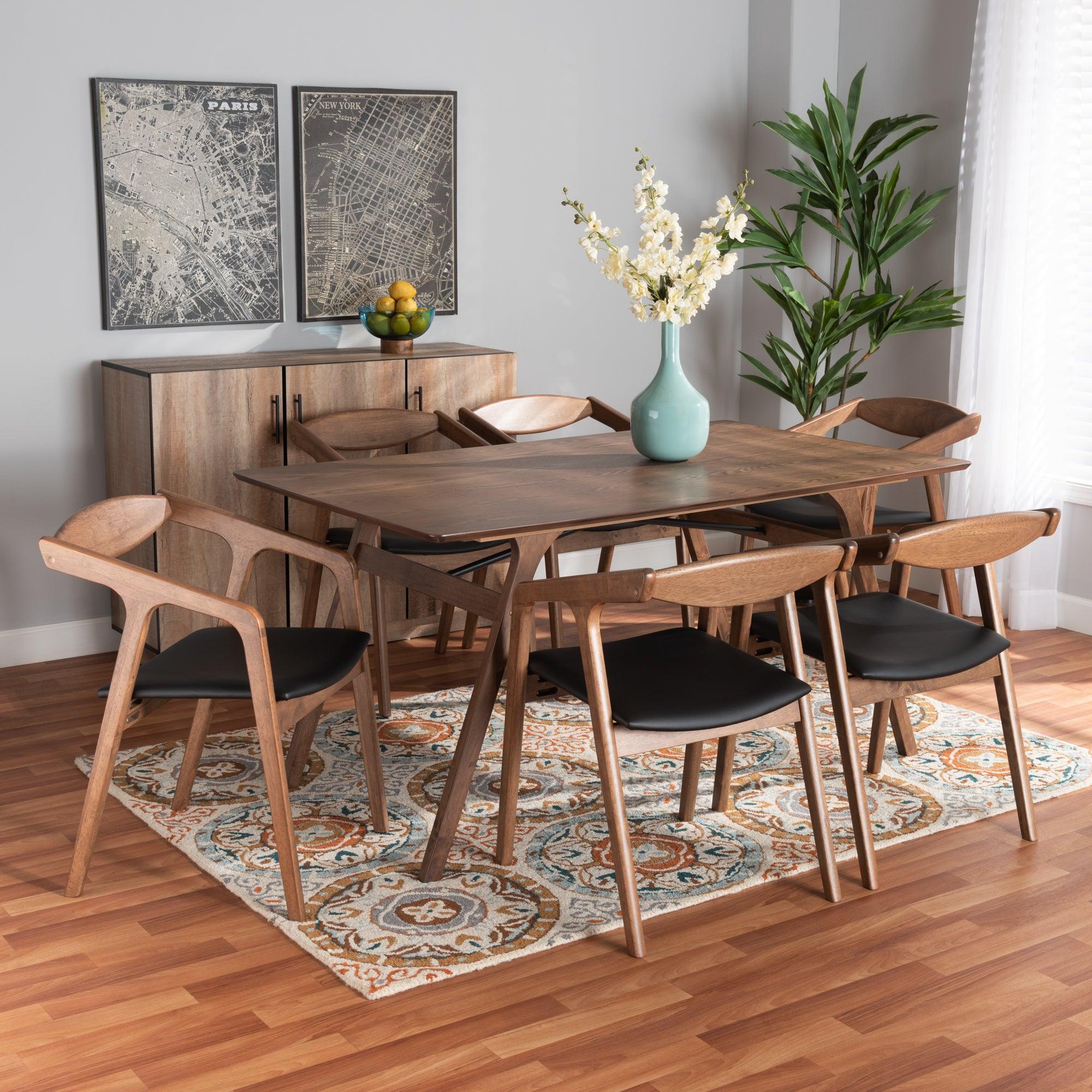 Harland Mid-Century Modern Faux Leather Upholstered and Finished Wood 7-Piece Dining Set