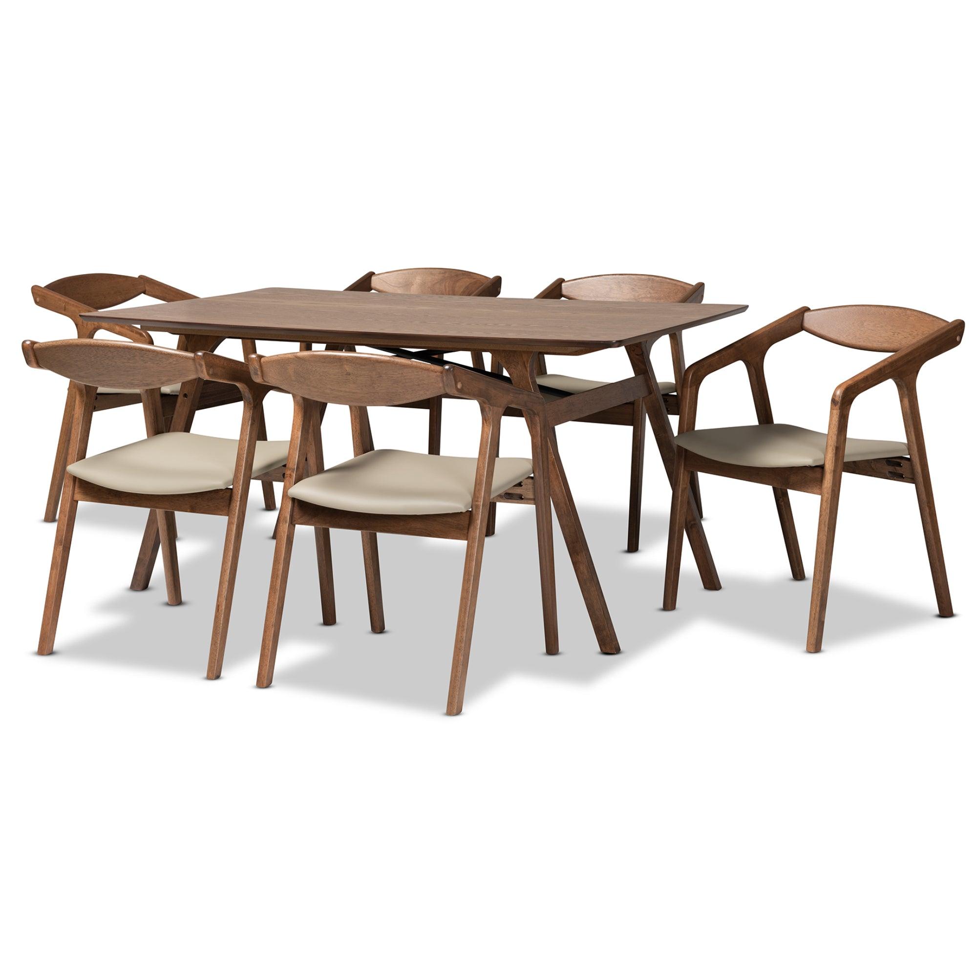 Harland Mid-Century Modern Faux Leather Upholstered and Finished Wood 7-Piece Dining Set