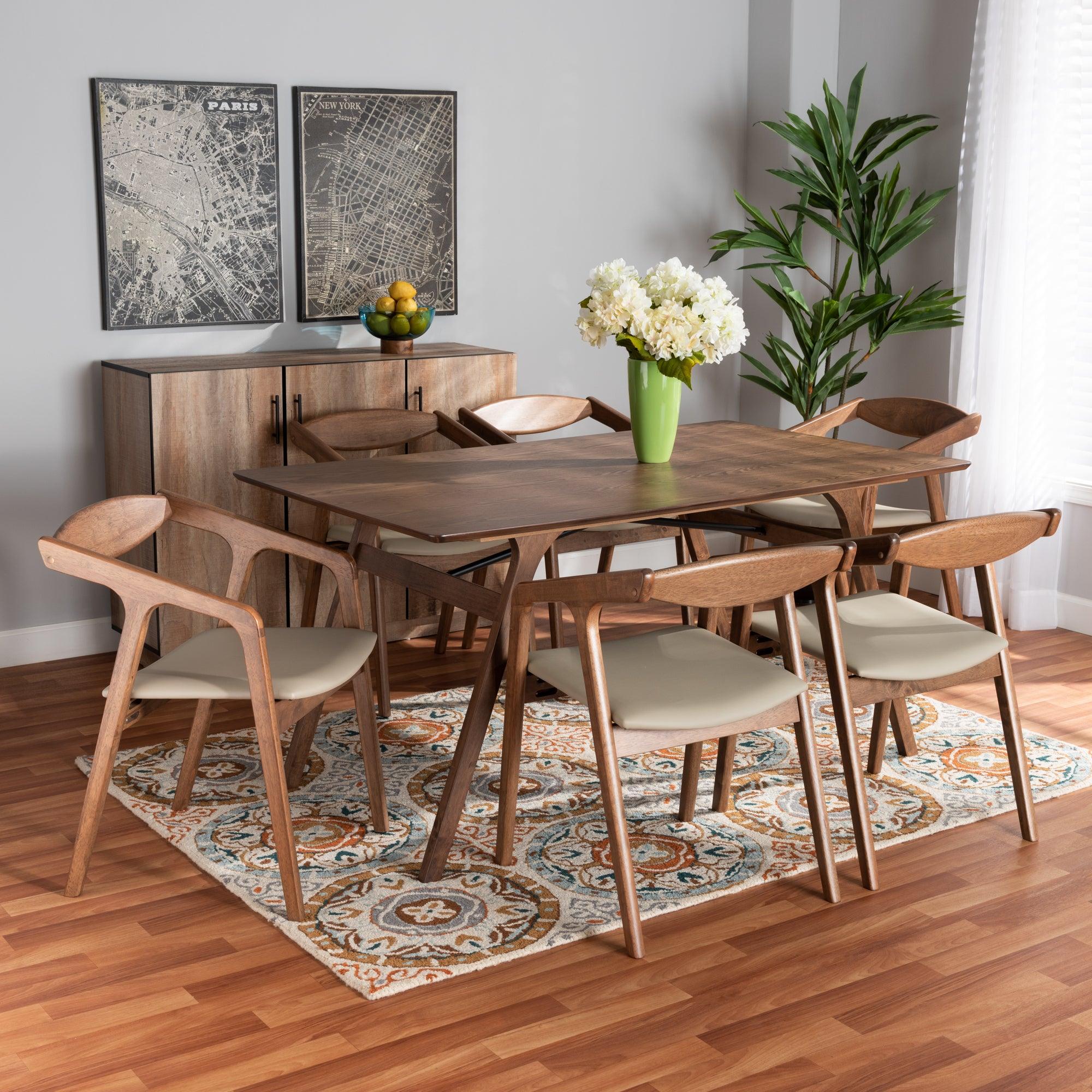 Harland Mid-Century Modern Faux Leather Upholstered and Finished Wood 7-Piece Dining Set