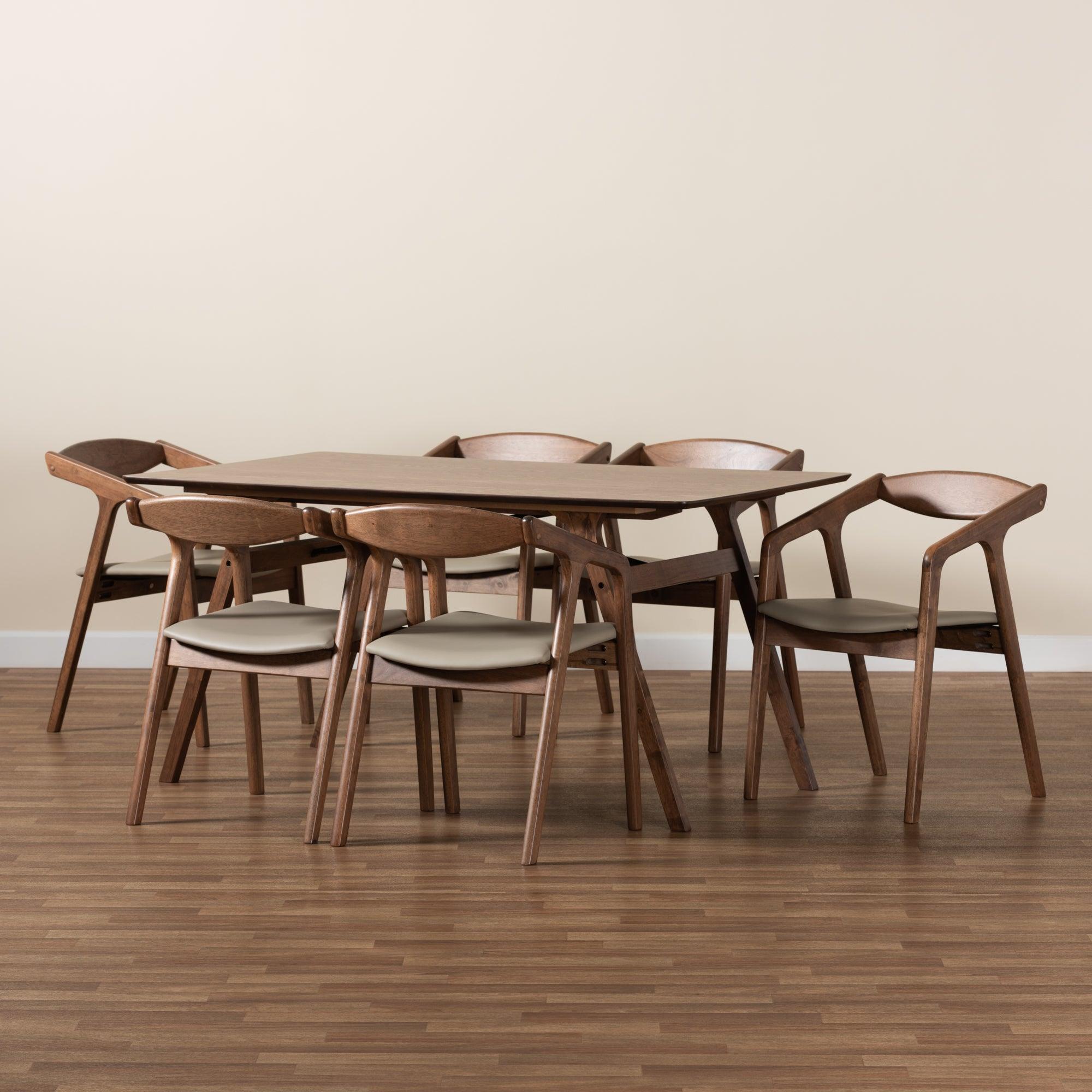 Harland Mid-Century Modern Faux Leather Upholstered and Finished Wood 7-Piece Dining Set