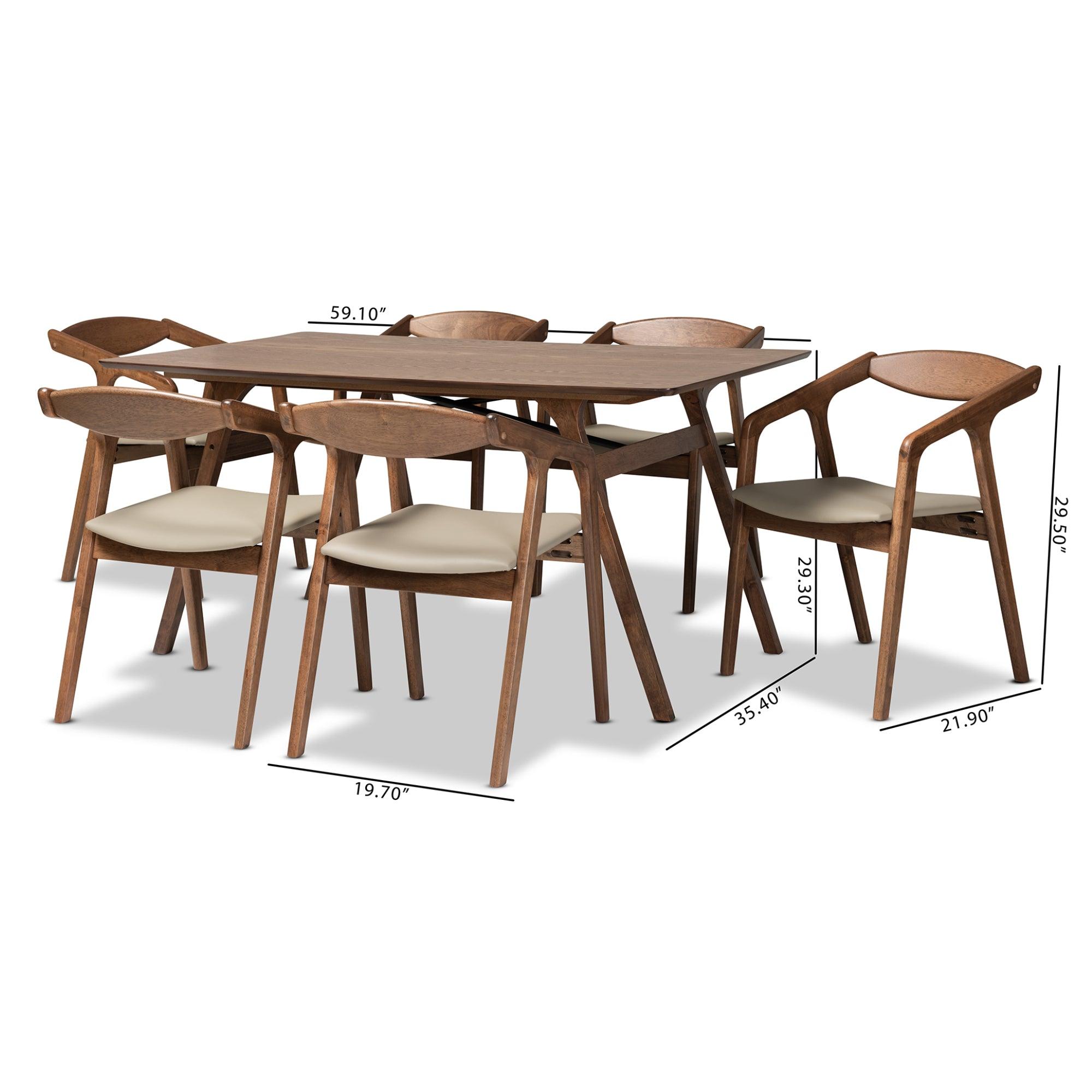 Harland Mid-Century Modern Faux Leather Upholstered and Finished Wood 7-Piece Dining Set