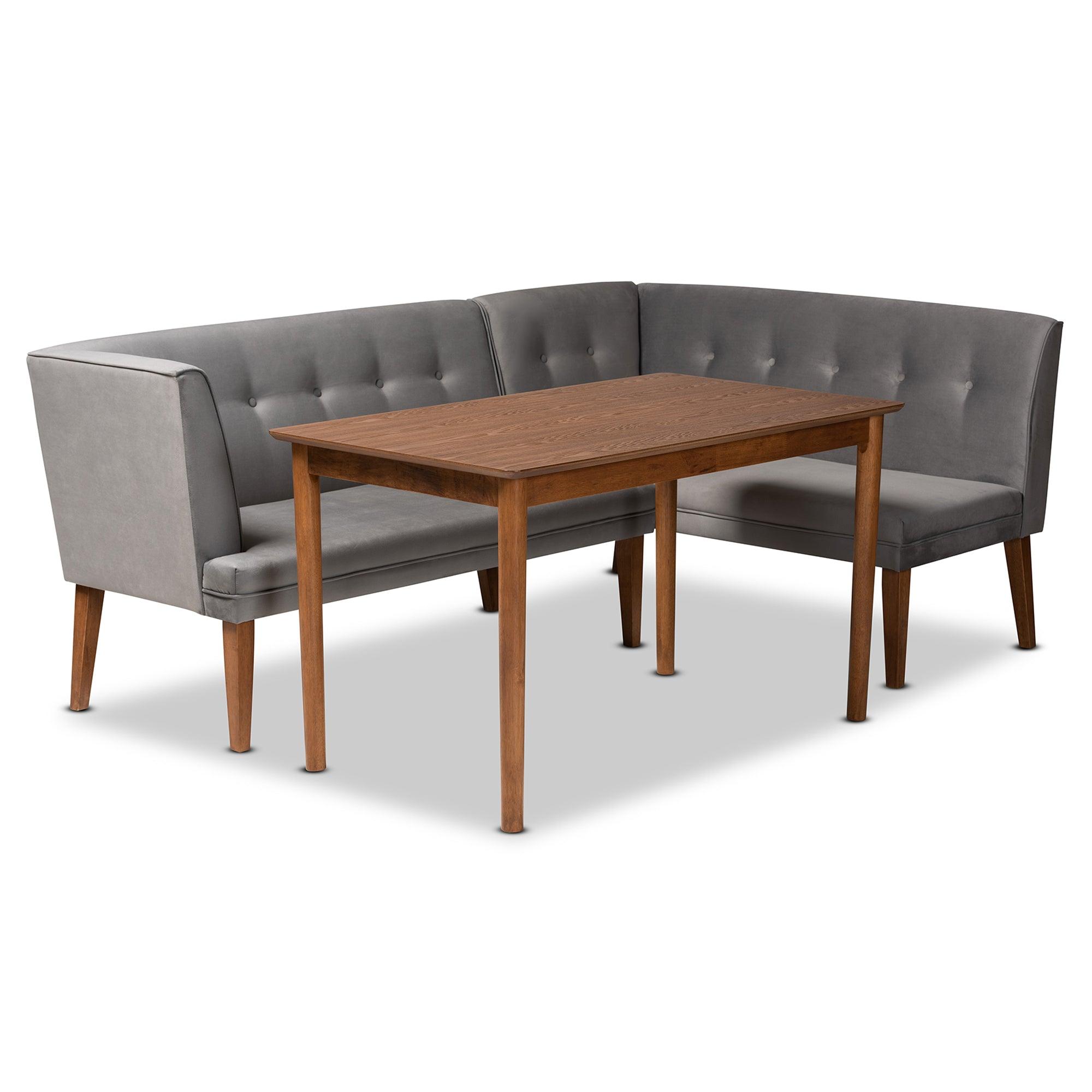 Stewart Mid-Century Modern Velvet Upholstered and Finished Wood 3-Piece Dining Nook Set