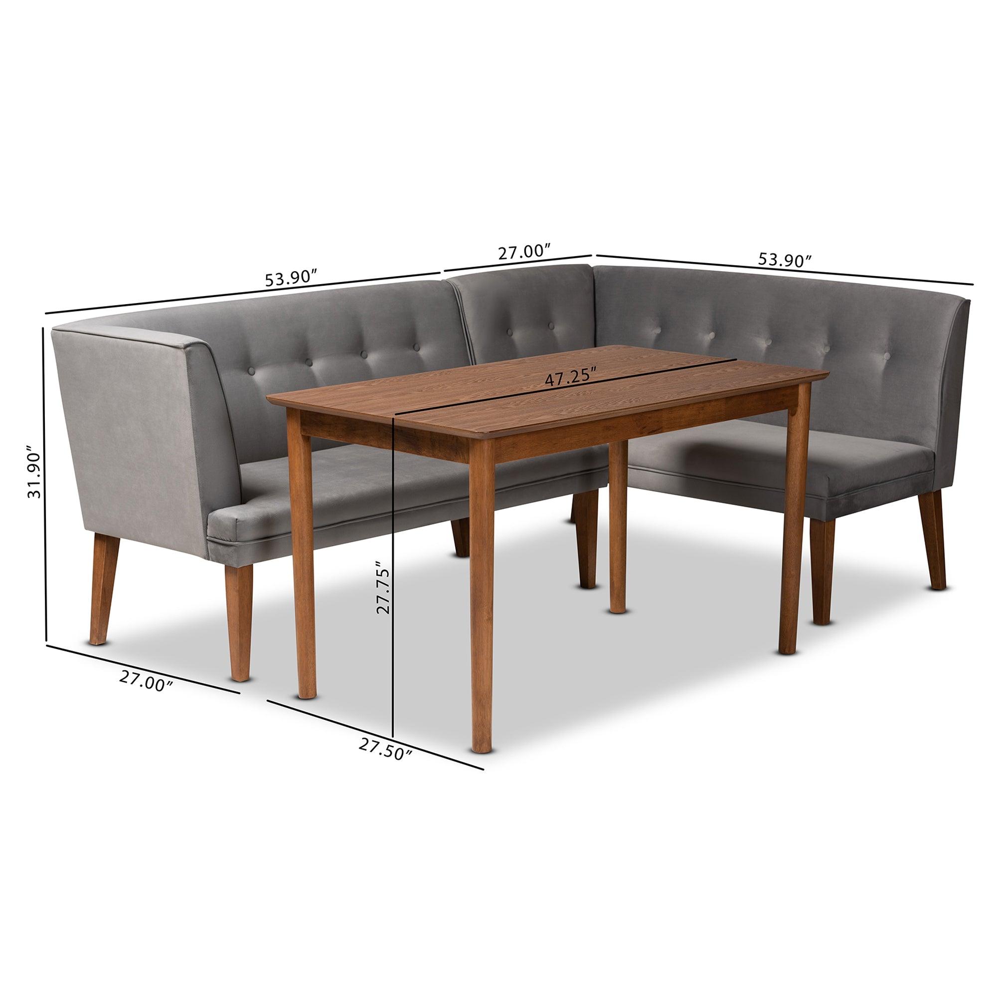 Stewart Mid-Century Modern Velvet Upholstered and Finished Wood 3-Piece Dining Nook Set