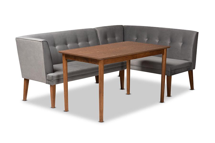 Stewart Mid-Century Modern Velvet Upholstered and Finished Wood 3-Piece Dining Nook Set