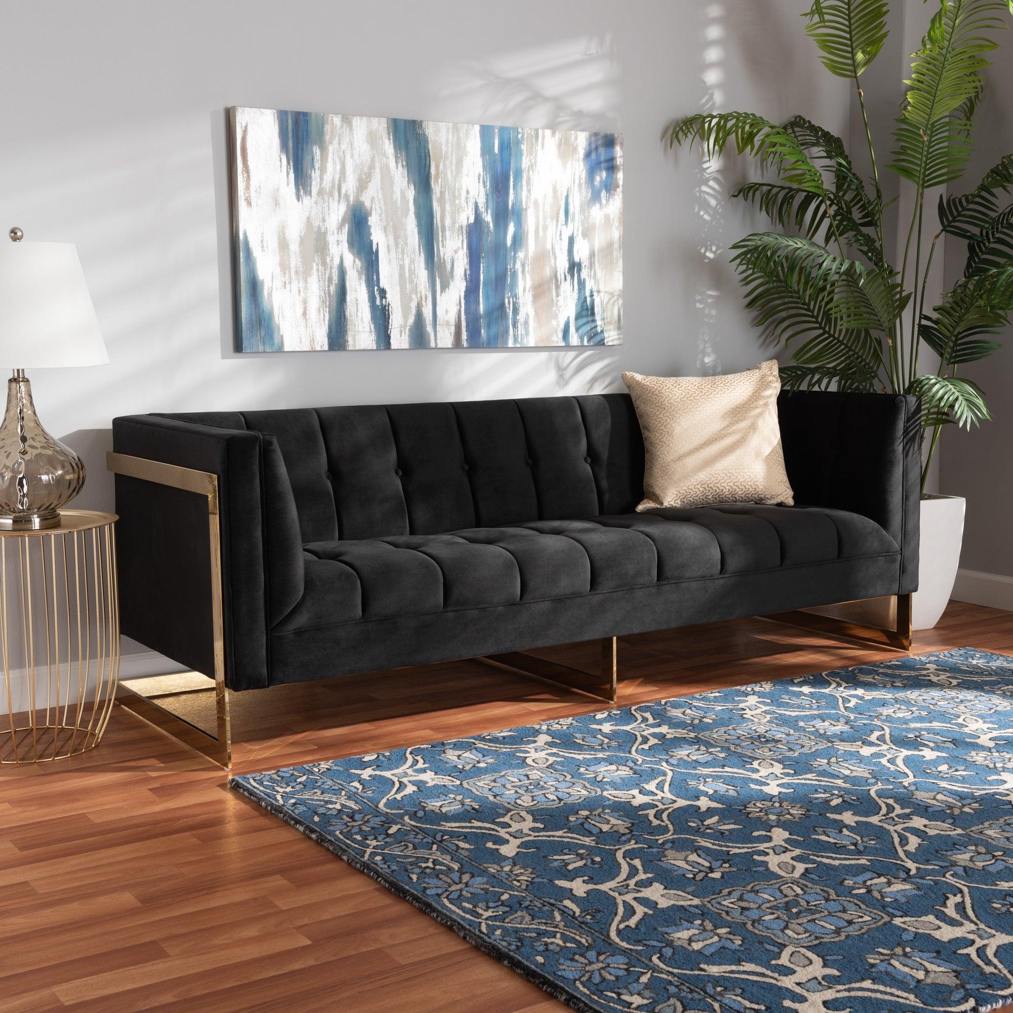 Ambra Glam and Luxe Velvet Upholstered and Button Tufted Sofa with -Tone Frame