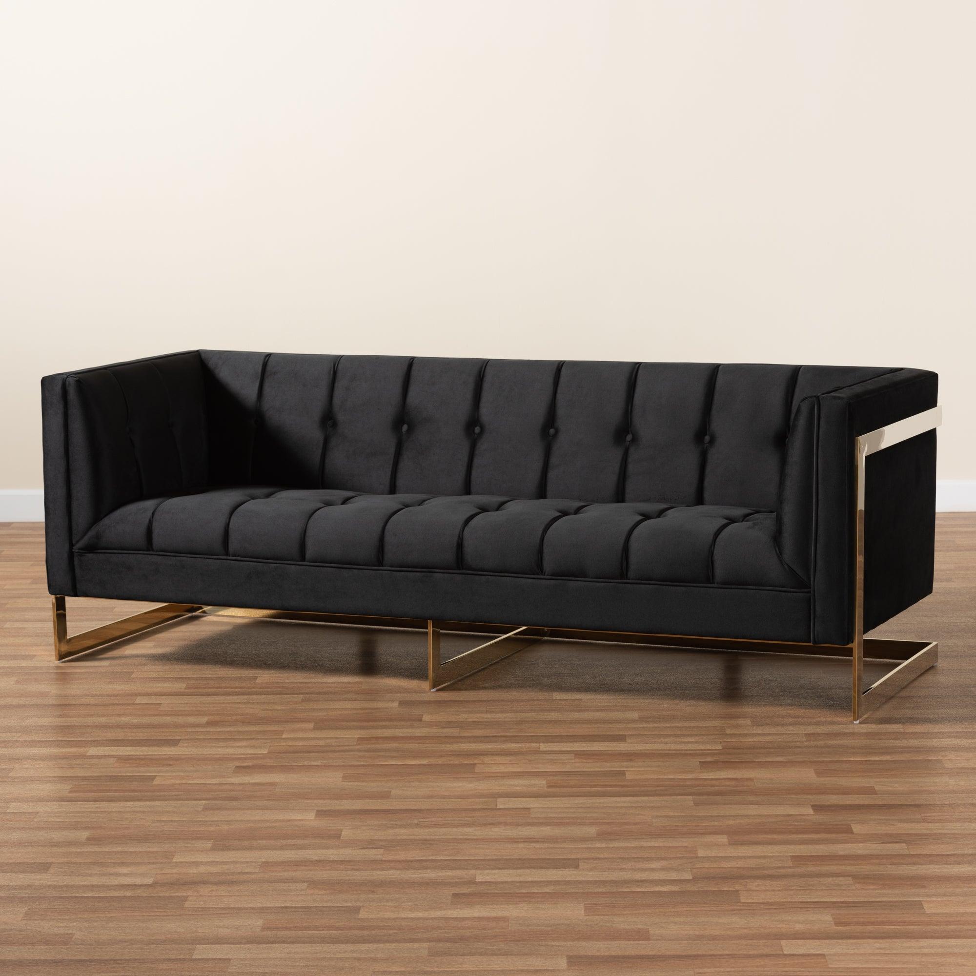 Ambra Glam and Luxe Velvet Upholstered and Button Tufted Sofa with -Tone Frame