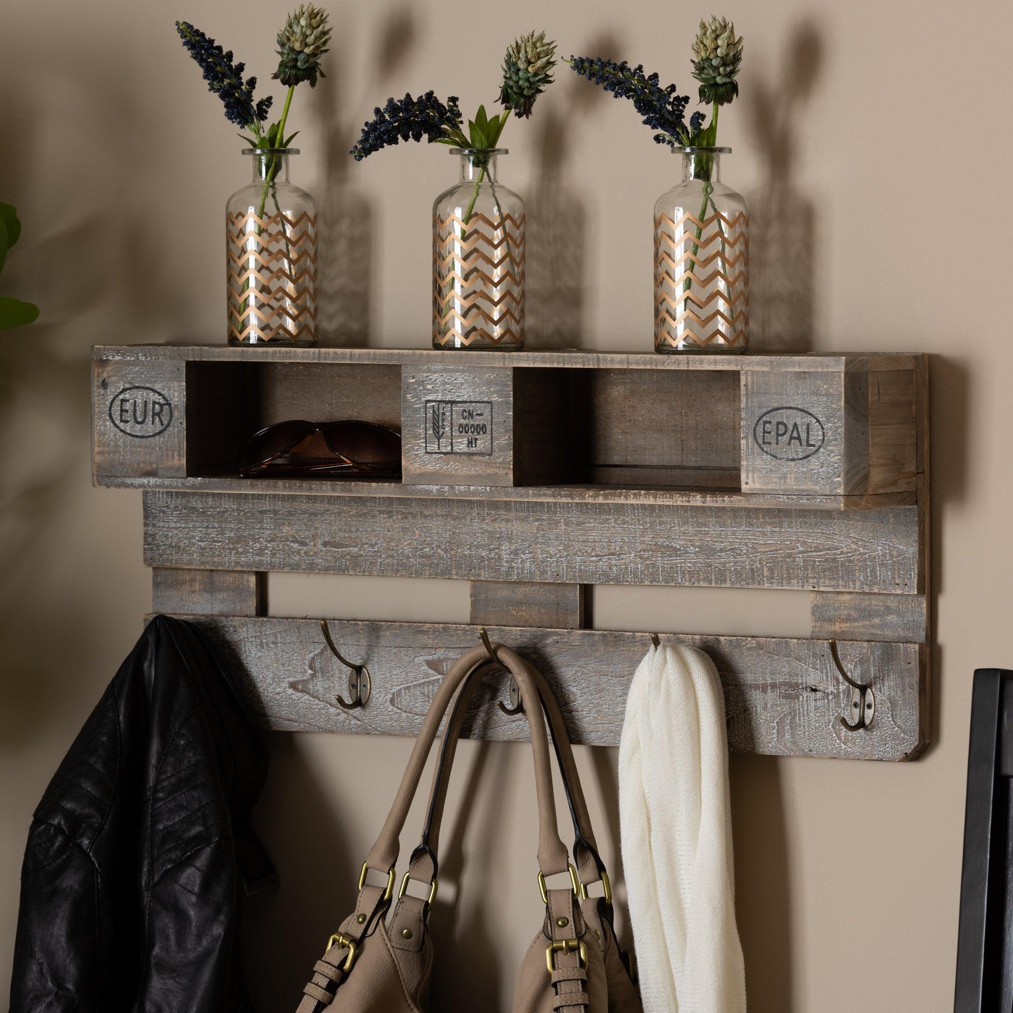Ferguson Vintage Rustic washed Finished Wood Wall Mounted Coat Rack with Shelves