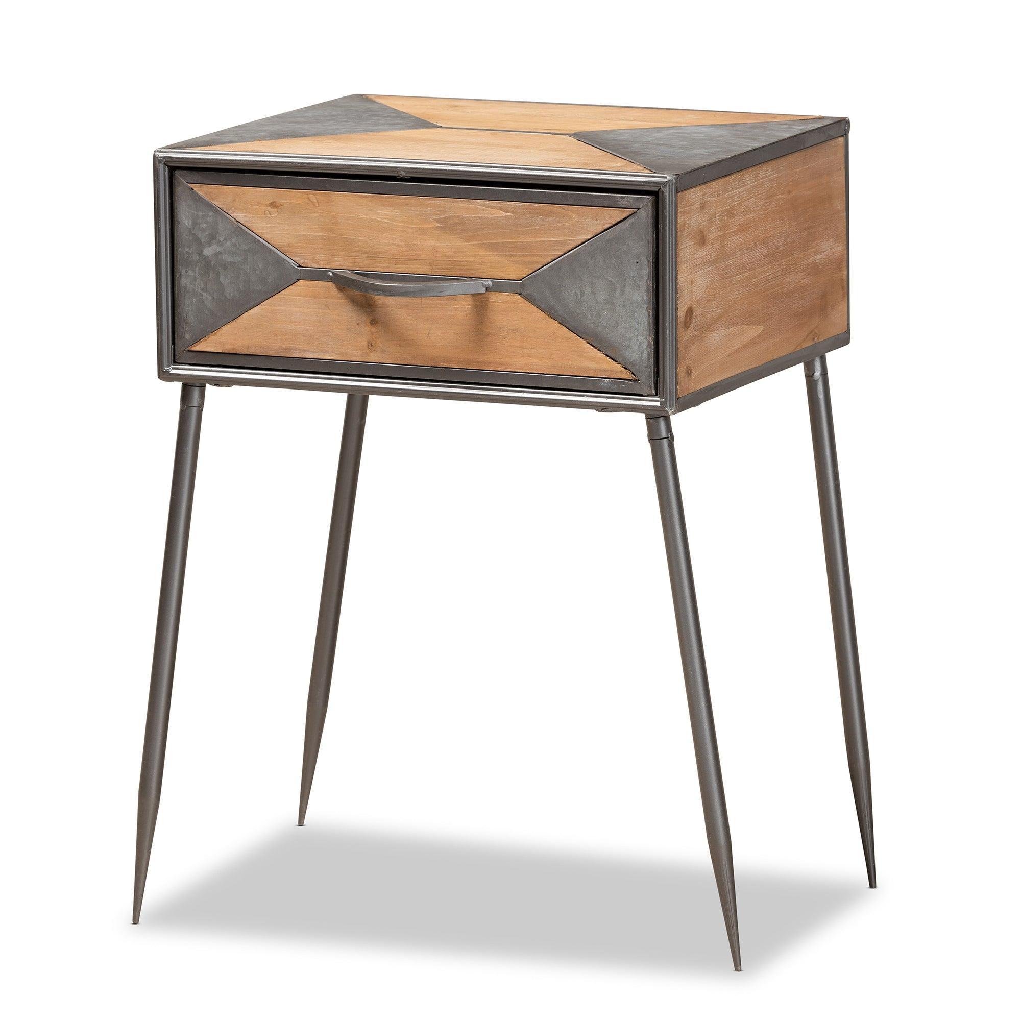 Laurel Rustic Industrial Antique Finished Metal and washed Finished Wood 1-Drawer End Table