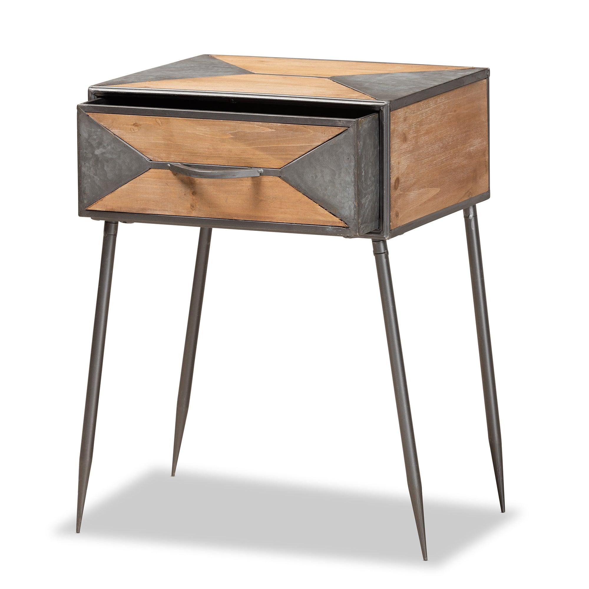 Laurel Rustic Industrial Antique Finished Metal and washed Finished Wood 1-Drawer End Table