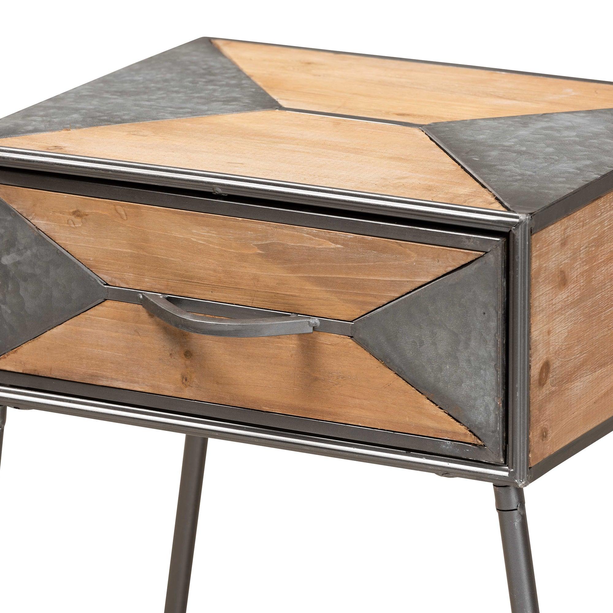 Laurel Rustic Industrial Antique Finished Metal and washed Finished Wood 1-Drawer End Table