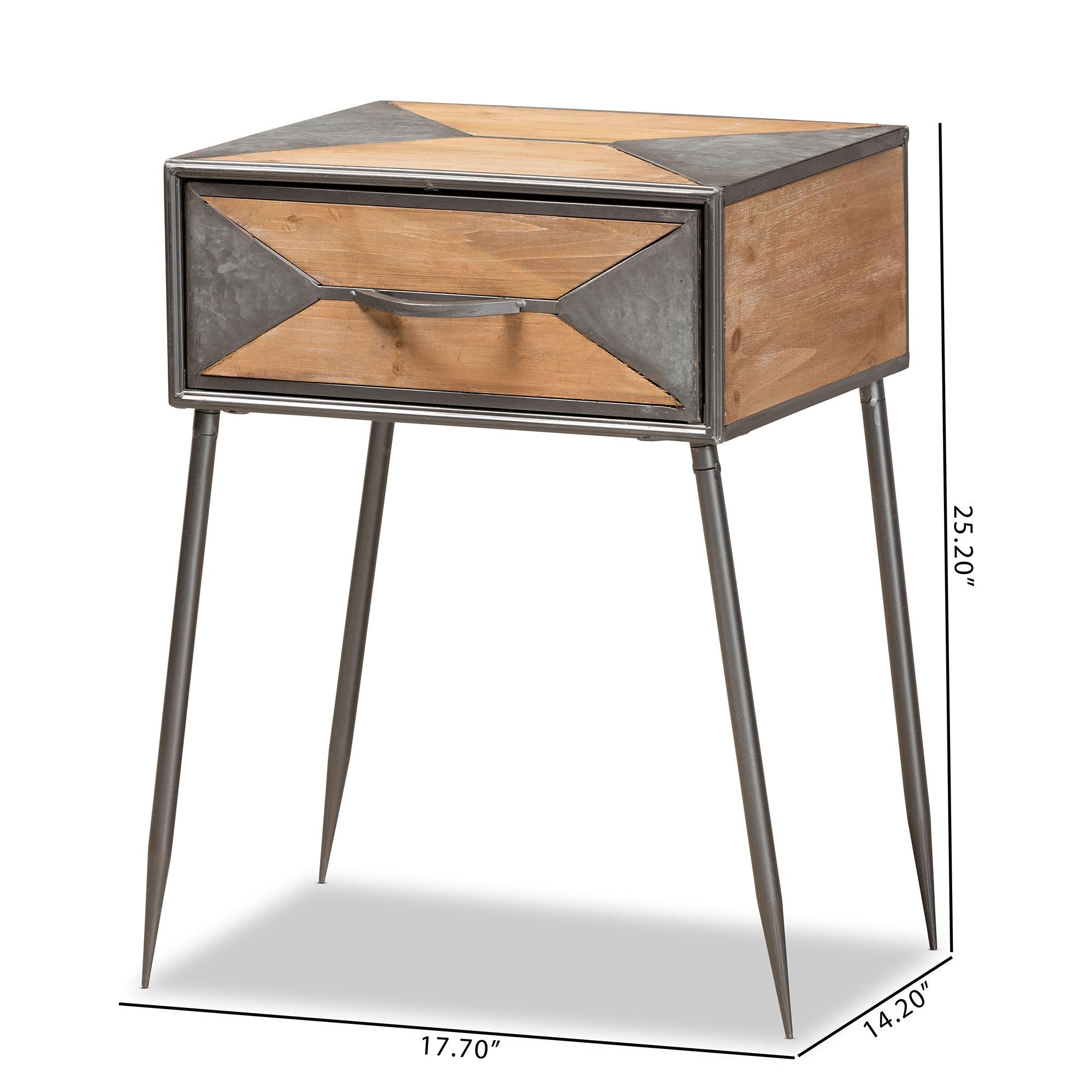 Laurel Rustic Industrial Antique Finished Metal and washed Finished Wood 1-Drawer End Table