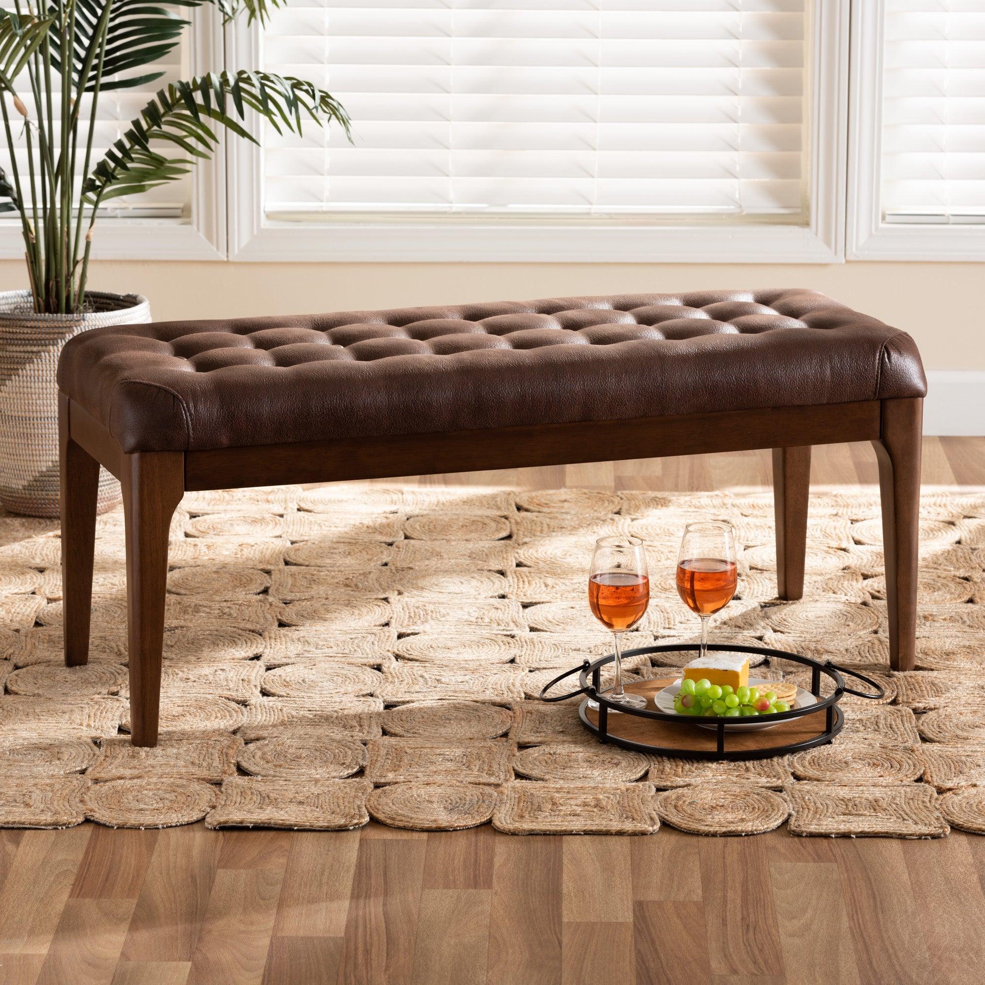 Walsh Mid-Century Modern Leather-Effect Polyester Fabric Upholstered and Finished Wood Dining Bench