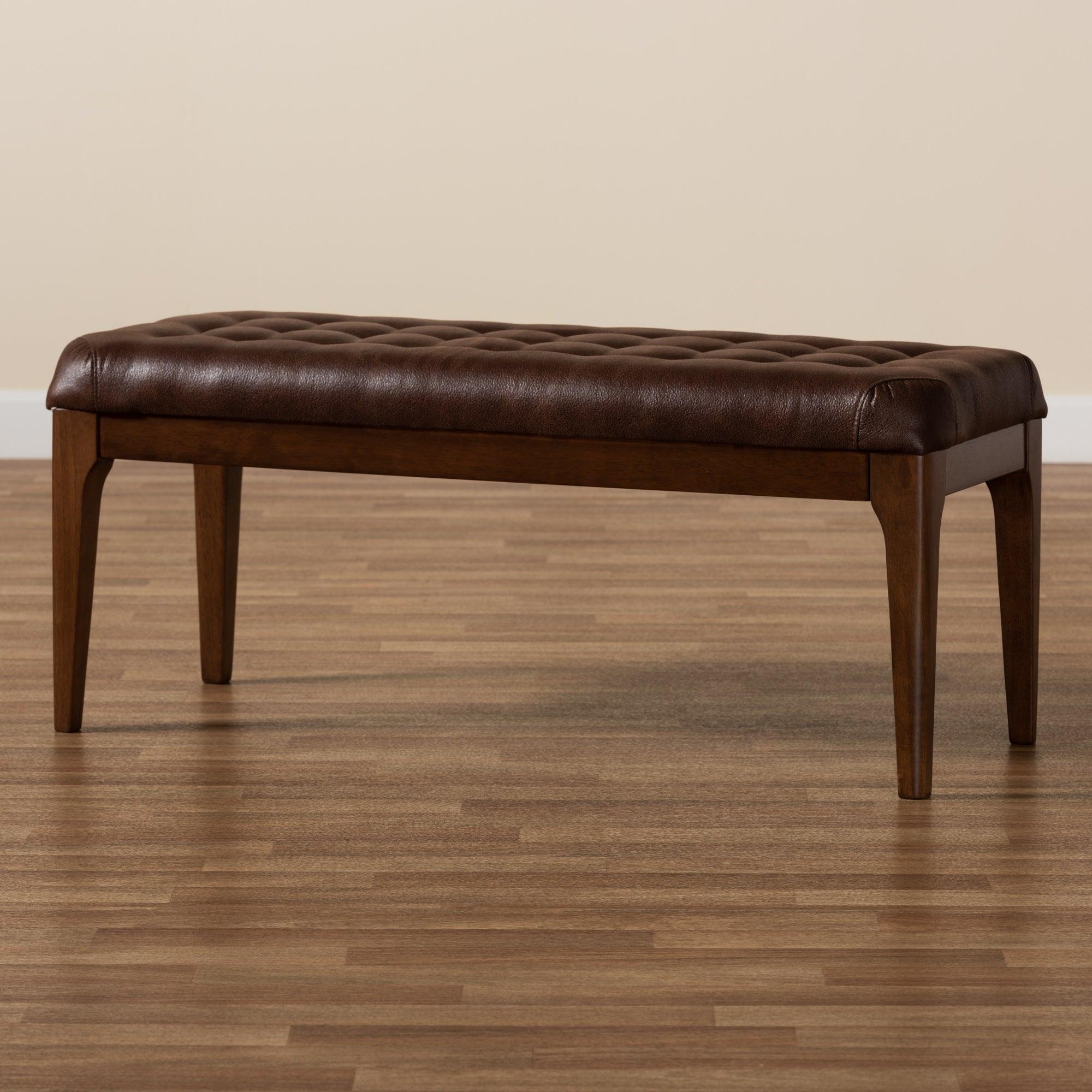 Walsh Mid-Century Modern Leather-Effect Polyester Fabric Upholstered and Finished Wood Dining Bench