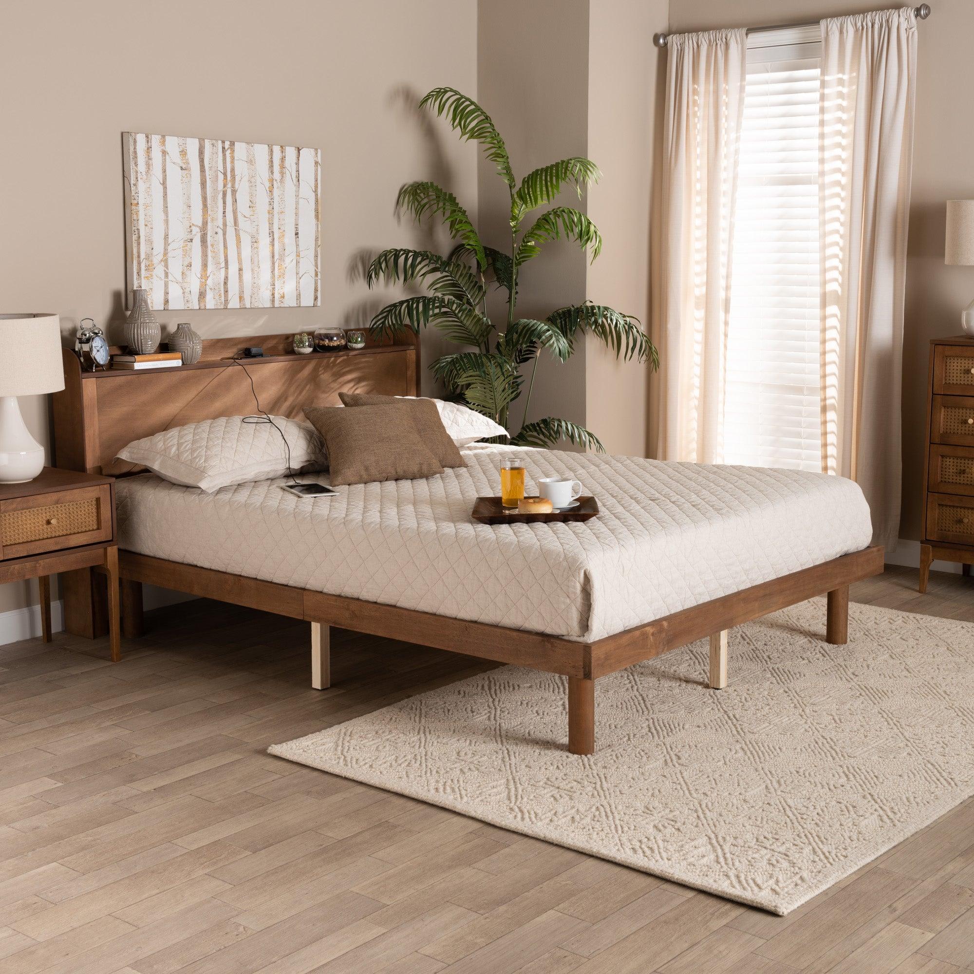 Decker Mid-Century Modern Transitional Finished Wood Platform Bed with Charging Station