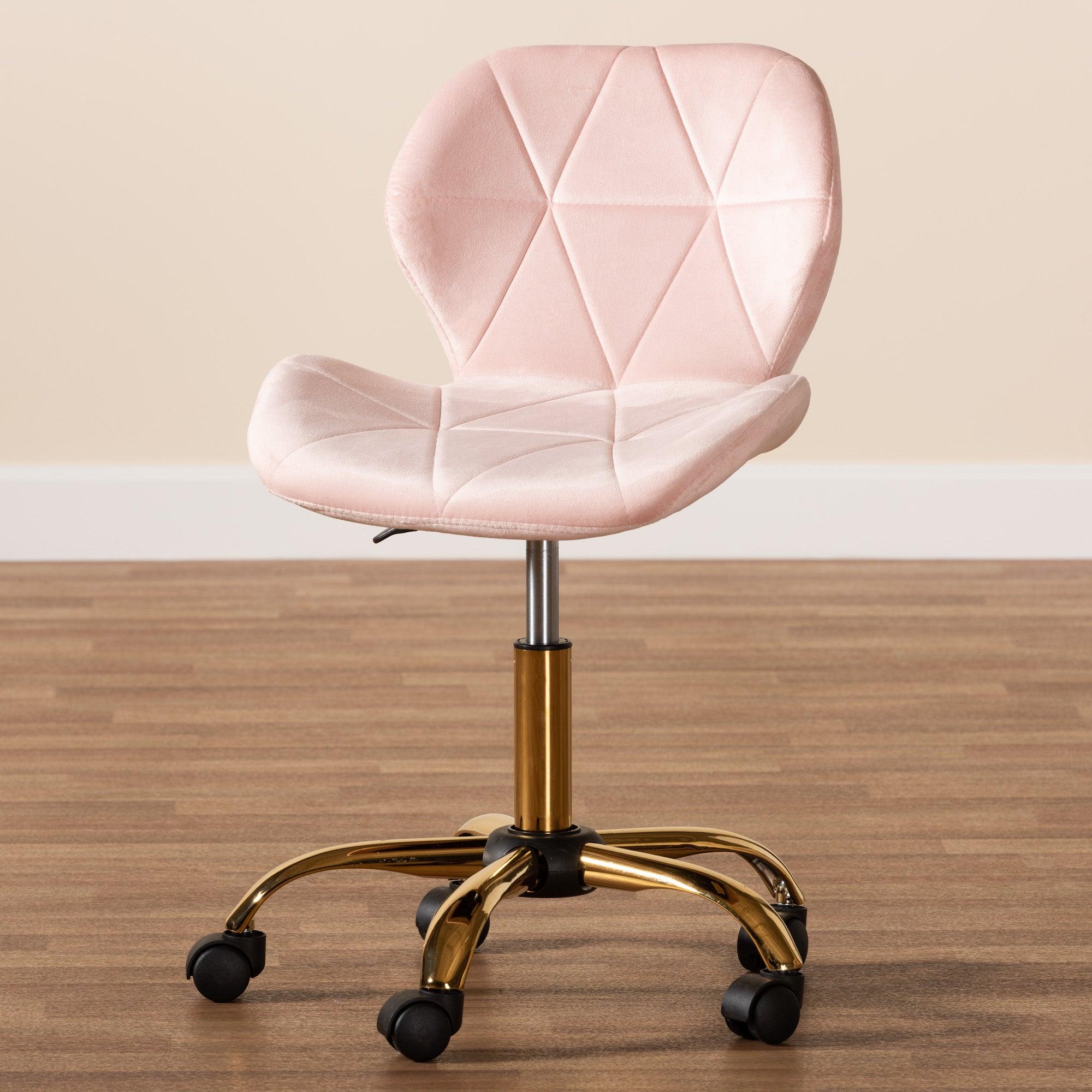 Savara Contemporary Glam and Luxe Blush Velvet Fabric and Metal Swivel Office Chair
