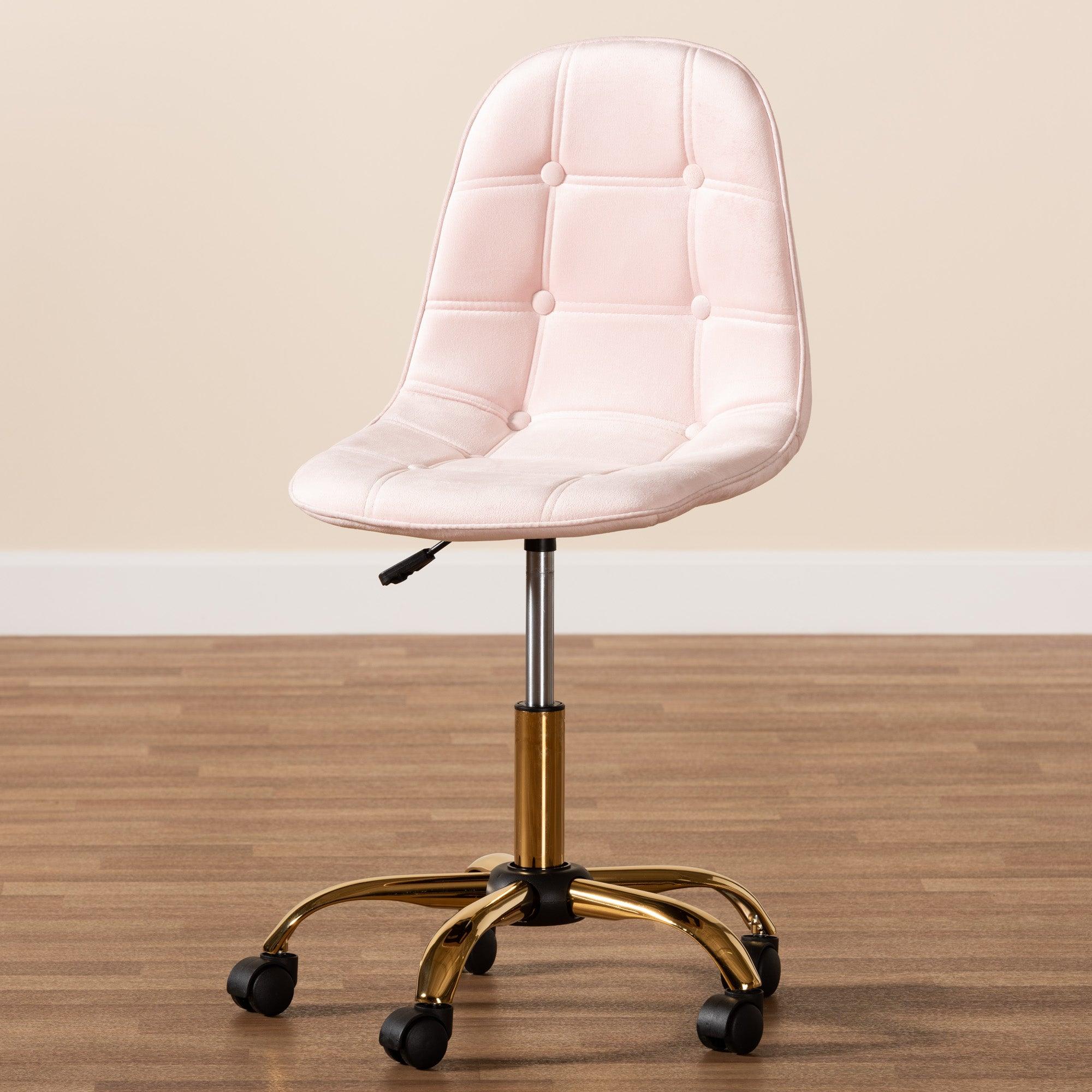 Kabira Contemporary Glam and Luxe Blush Velvet Fabric and Metal Swivel Office chair