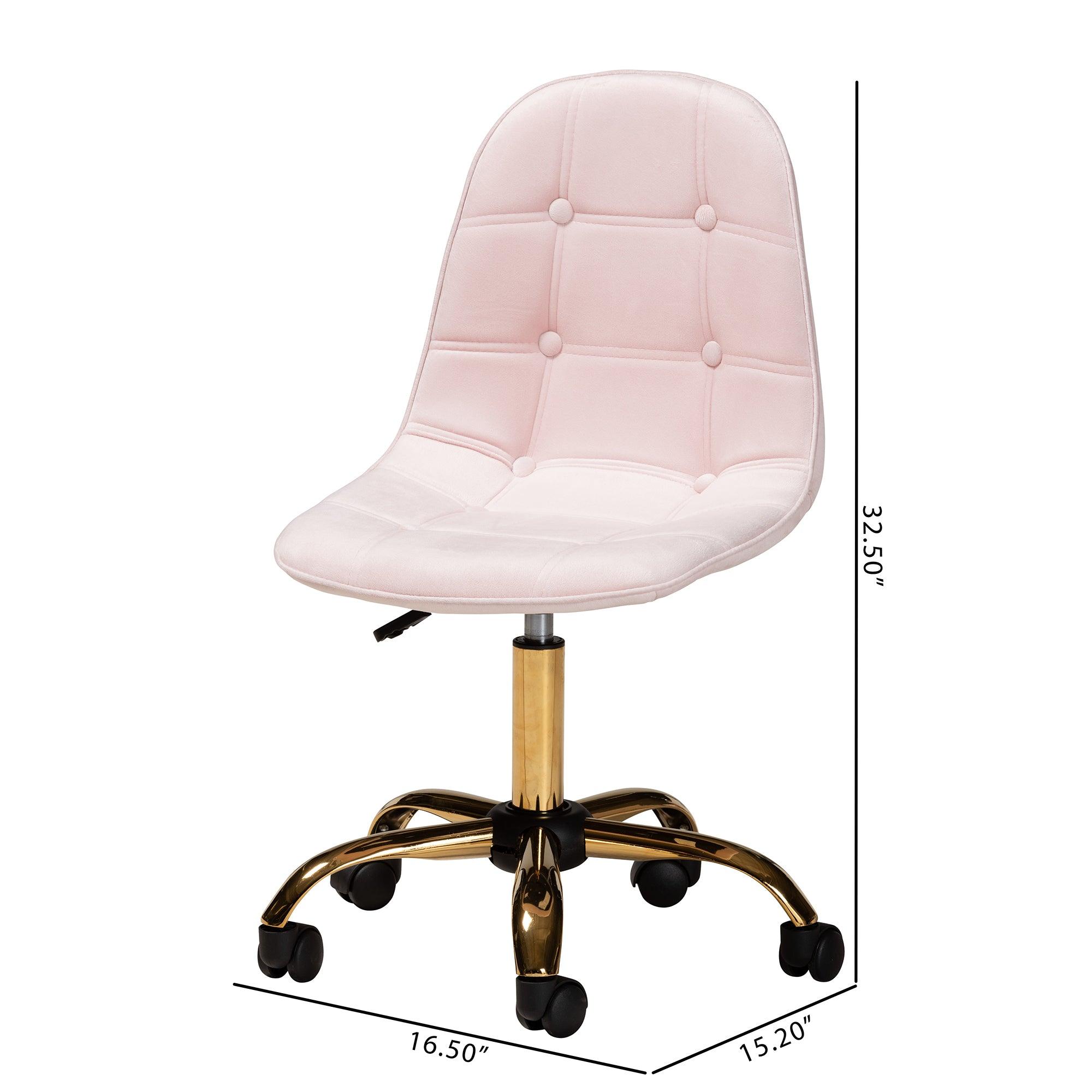 Kabira Contemporary Glam and Luxe Blush Velvet Fabric and Metal Swivel Office chair