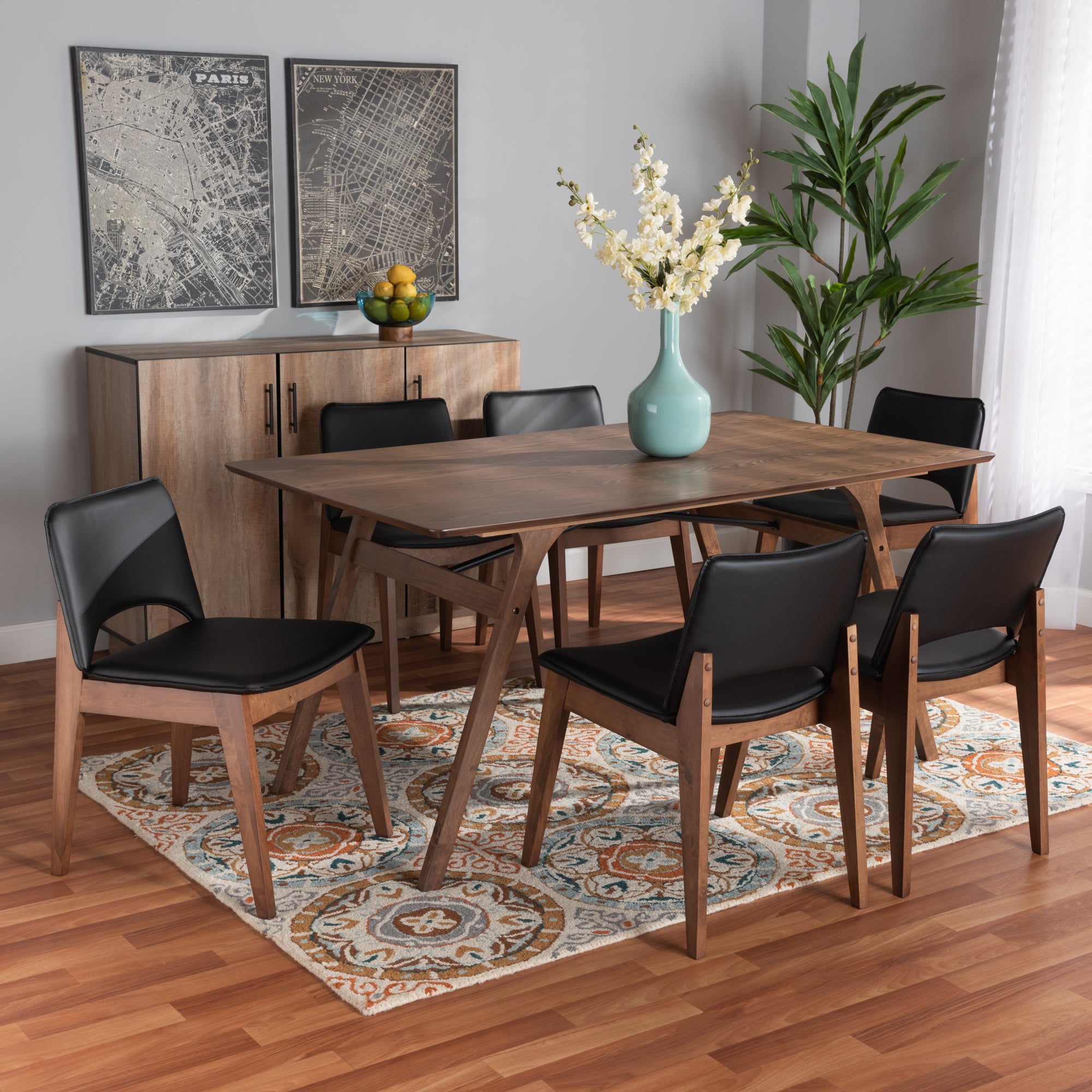 Afton Mid-Century Modern Faux Leather Upholstered and Finished Wood 7-Piece Dining Set