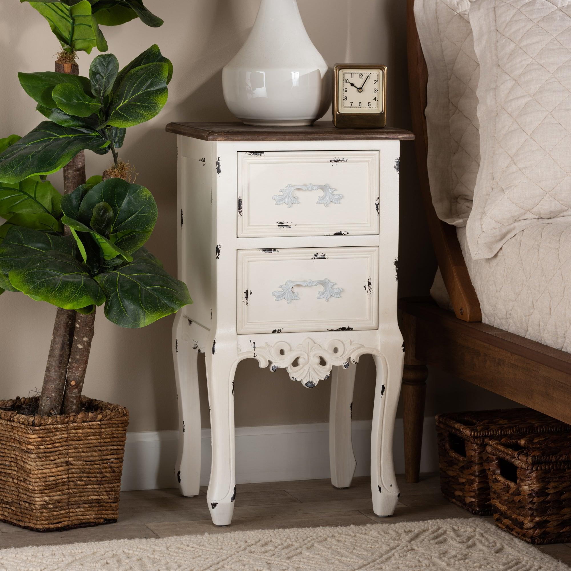 Levron Classic and Traditional Two-Tone and Antique Finished Wood 2-Drawer End Table