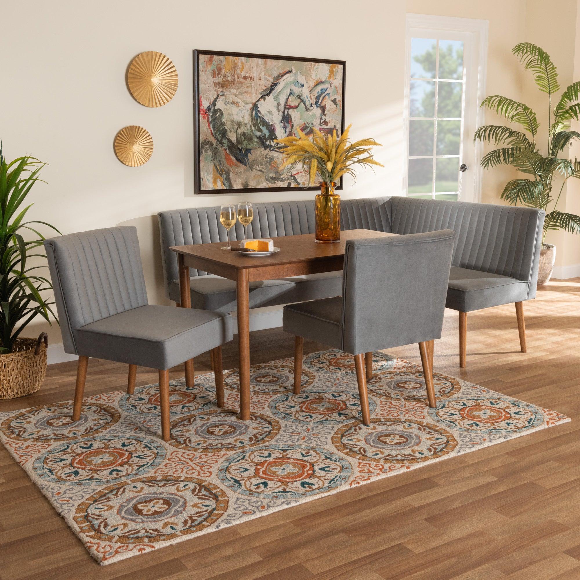 Alvis Mid-Century Modern Velvet Upholstered and Finished Wood 5-Piece Dining Nook Set
