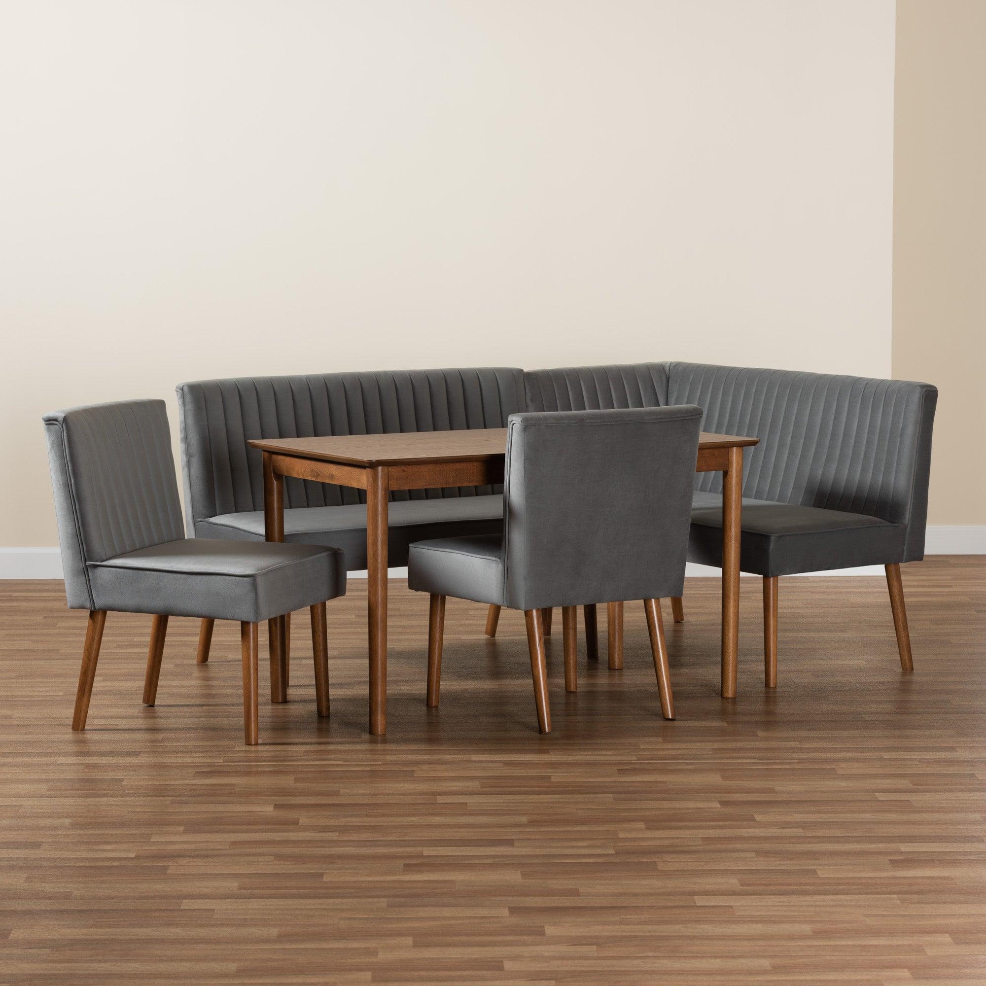 Alvis Mid-Century Modern Velvet Upholstered and Finished Wood 5-Piece Dining Nook Set