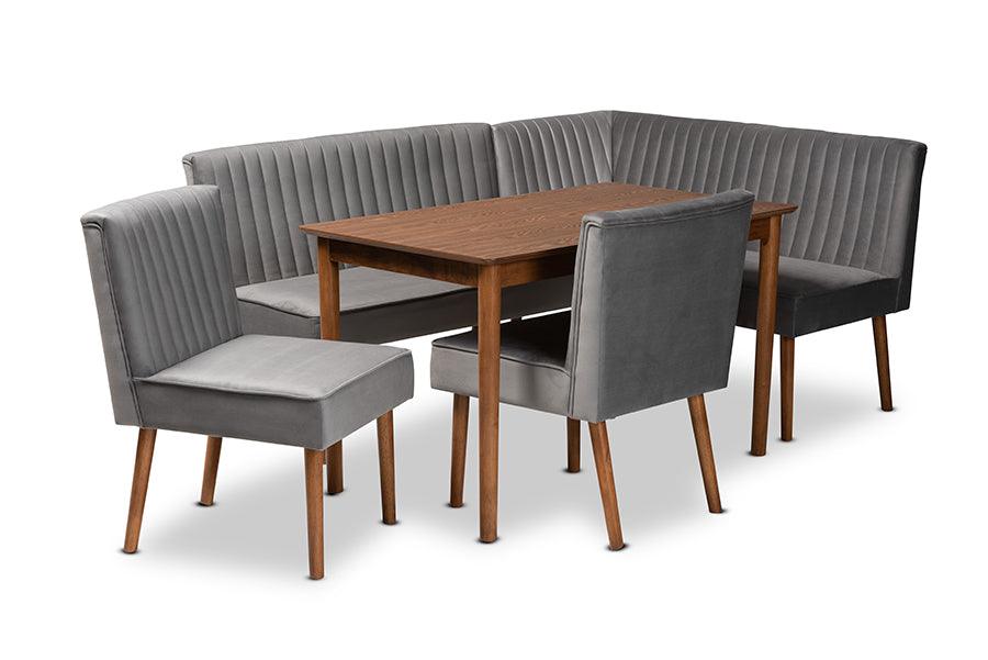 Alvis Mid-Century Modern Velvet Upholstered and Finished Wood 5-Piece Dining Nook Set