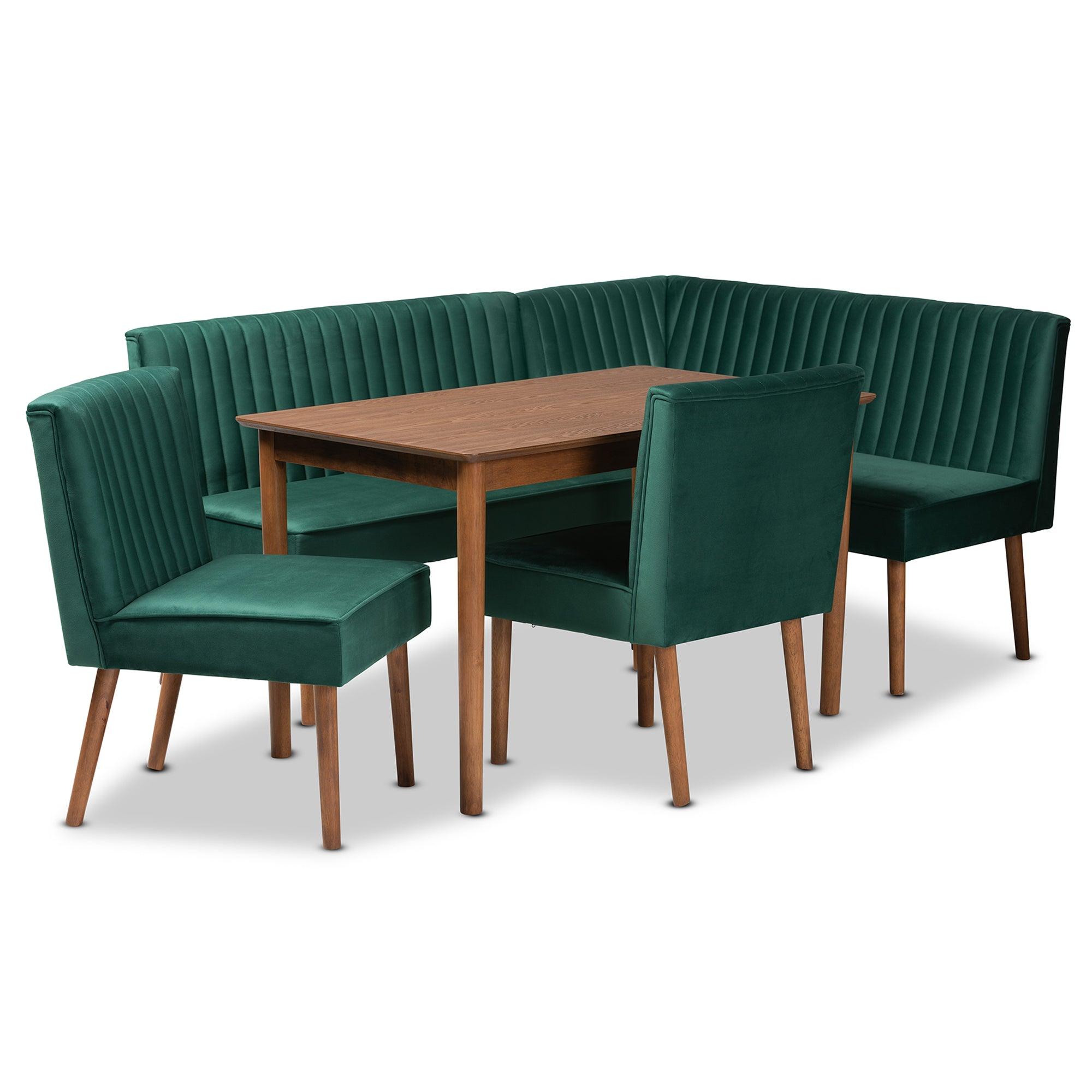 Alvis Mid-Century Modern Emerald Velvet Upholstered and Finished Wood 5-Piece Dining Nook Set