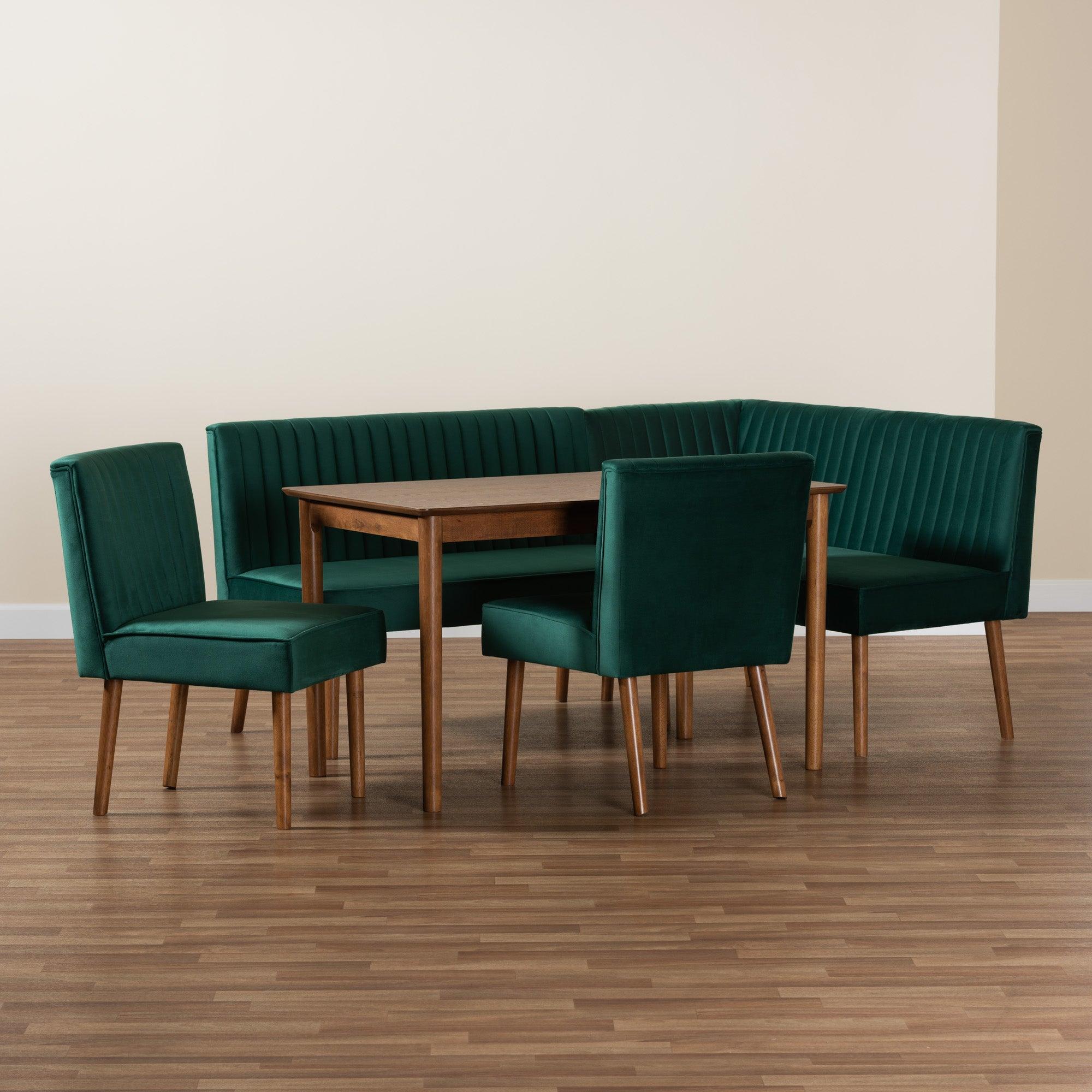 Alvis Mid-Century Modern Emerald Velvet Upholstered and Finished Wood 5-Piece Dining Nook Set
