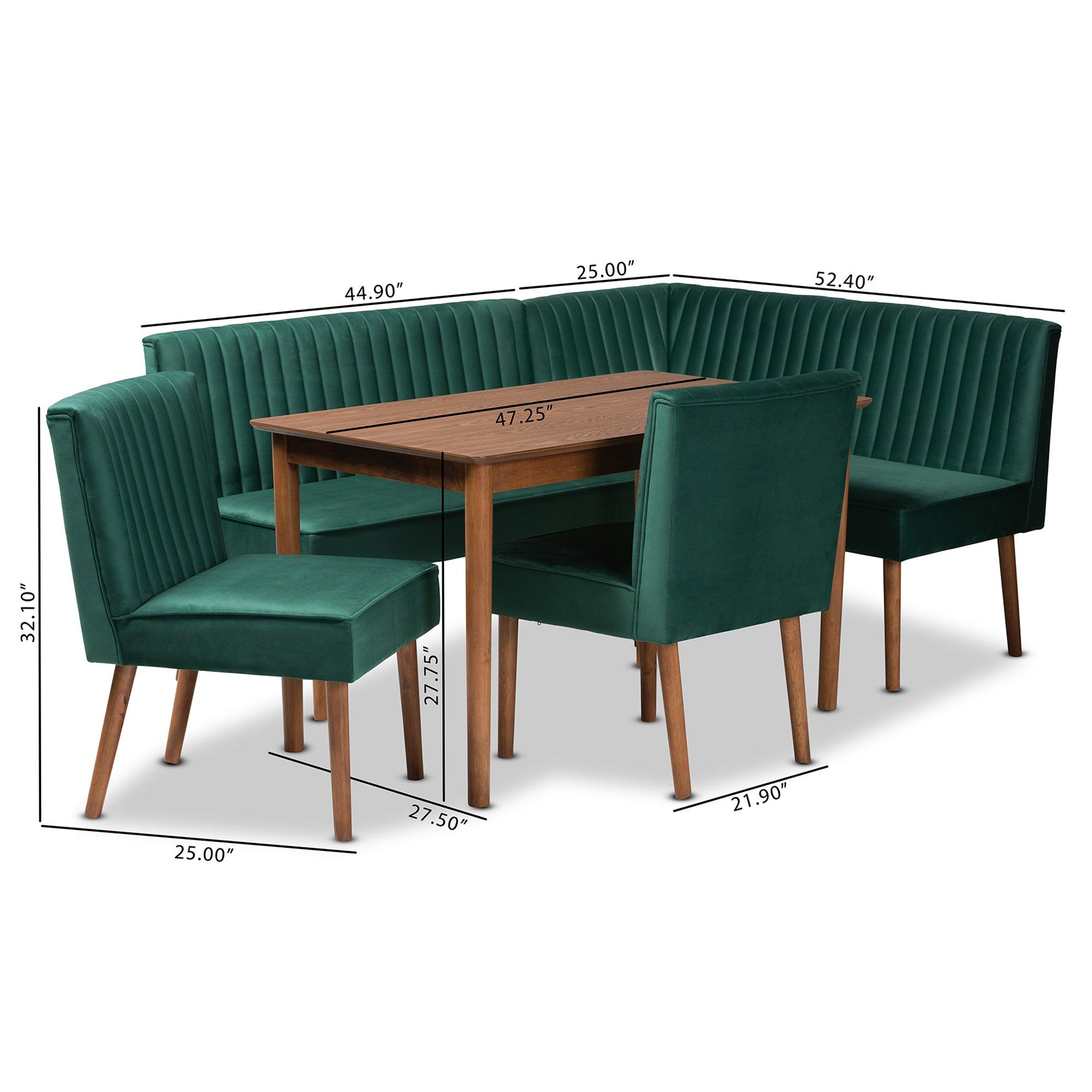 Alvis Mid-Century Modern Emerald Velvet Upholstered and Finished Wood 5-Piece Dining Nook Set