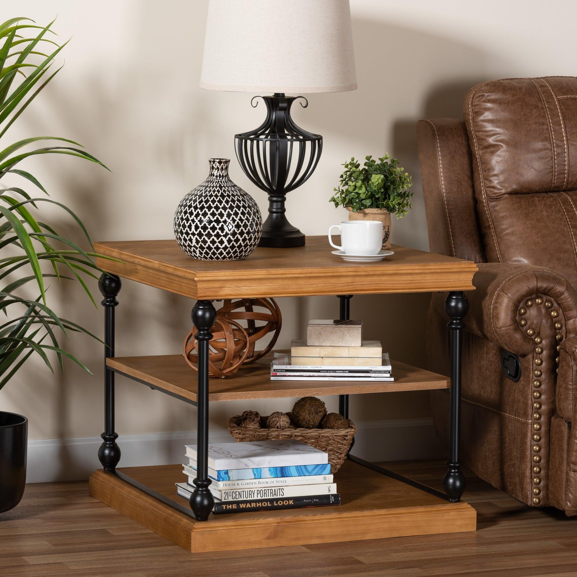 Sebastian Traditional Industrial Finished Wood and Metal 3-Tier End Table