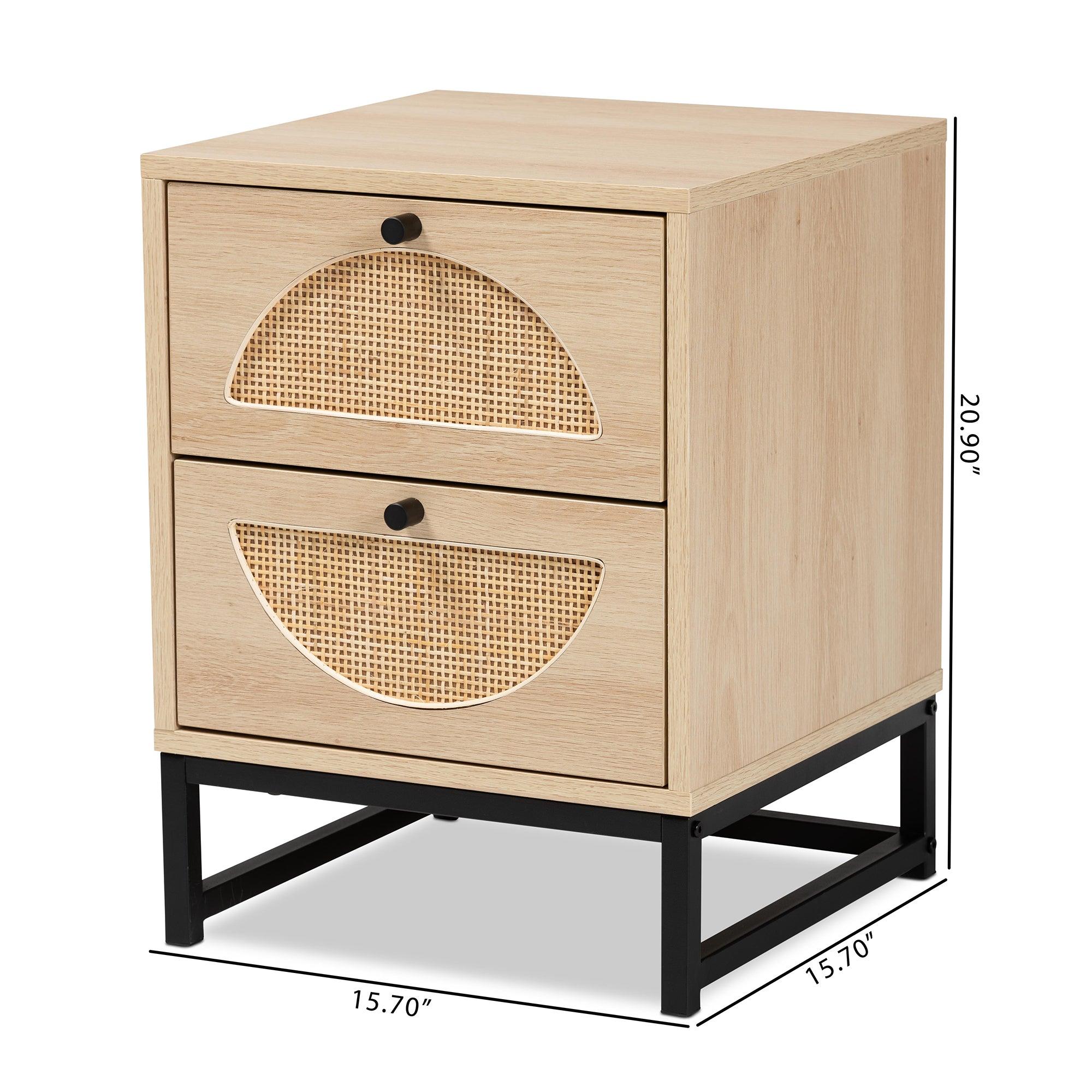 Ardon Bohemian Light Finished Wood and Metal 2-Drawer End Table with Rattan