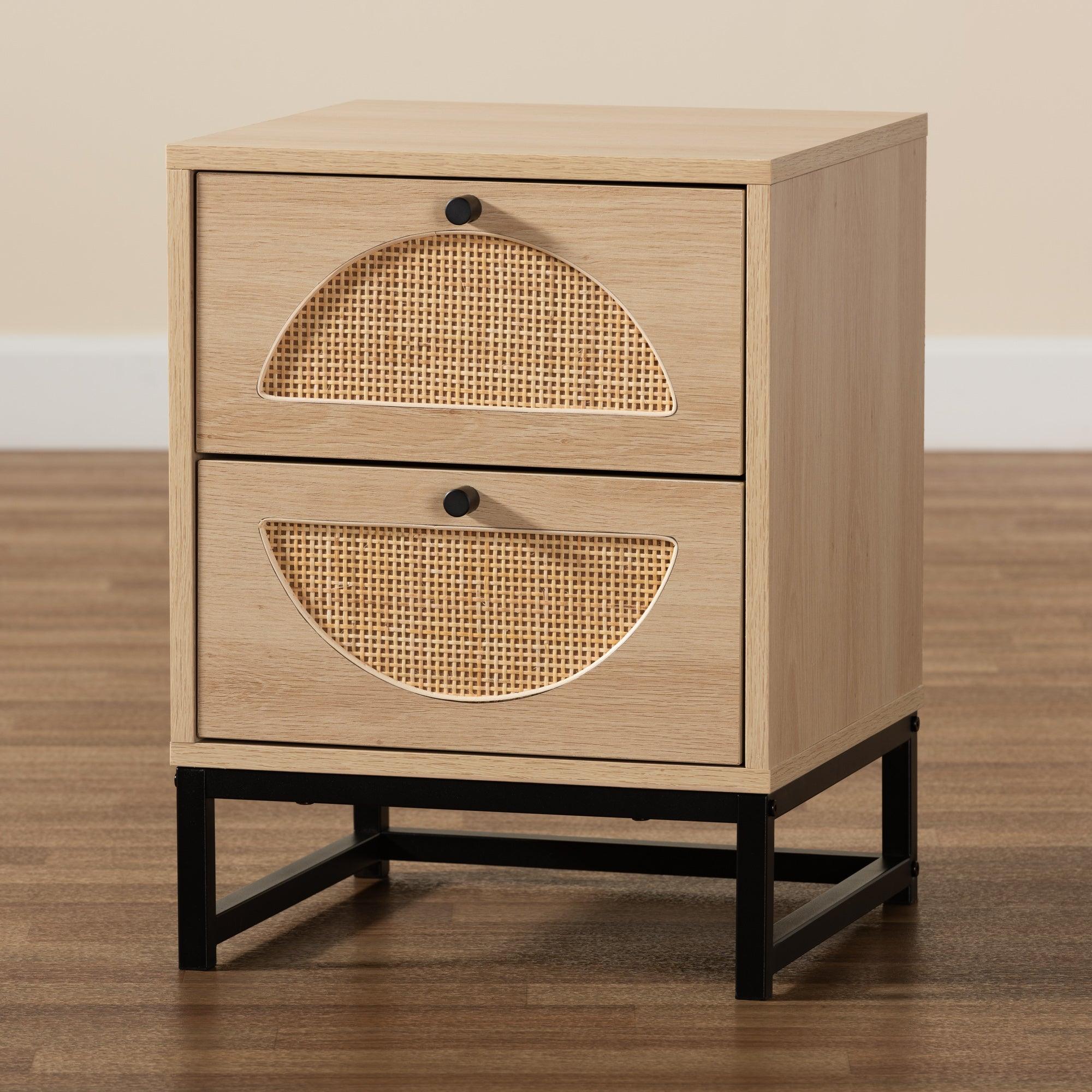Ardon Bohemian Light Finished Wood and Metal 2-Drawer End Table with Rattan