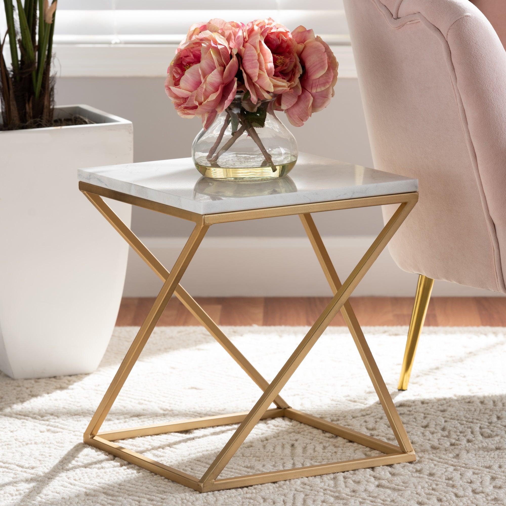 Hadley Modern and Contemporary Finished Metal End Table with Marble Tabletop