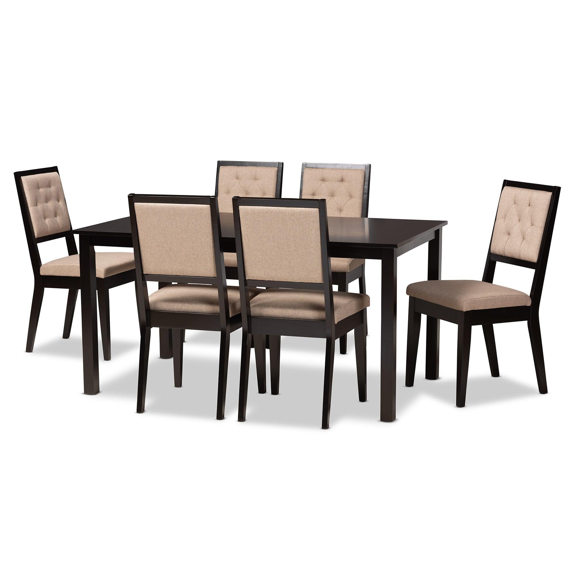 Suvi Modern and Contemporary Sand Fabric Upholstered and Finished Wood 7-Piece Dining Set