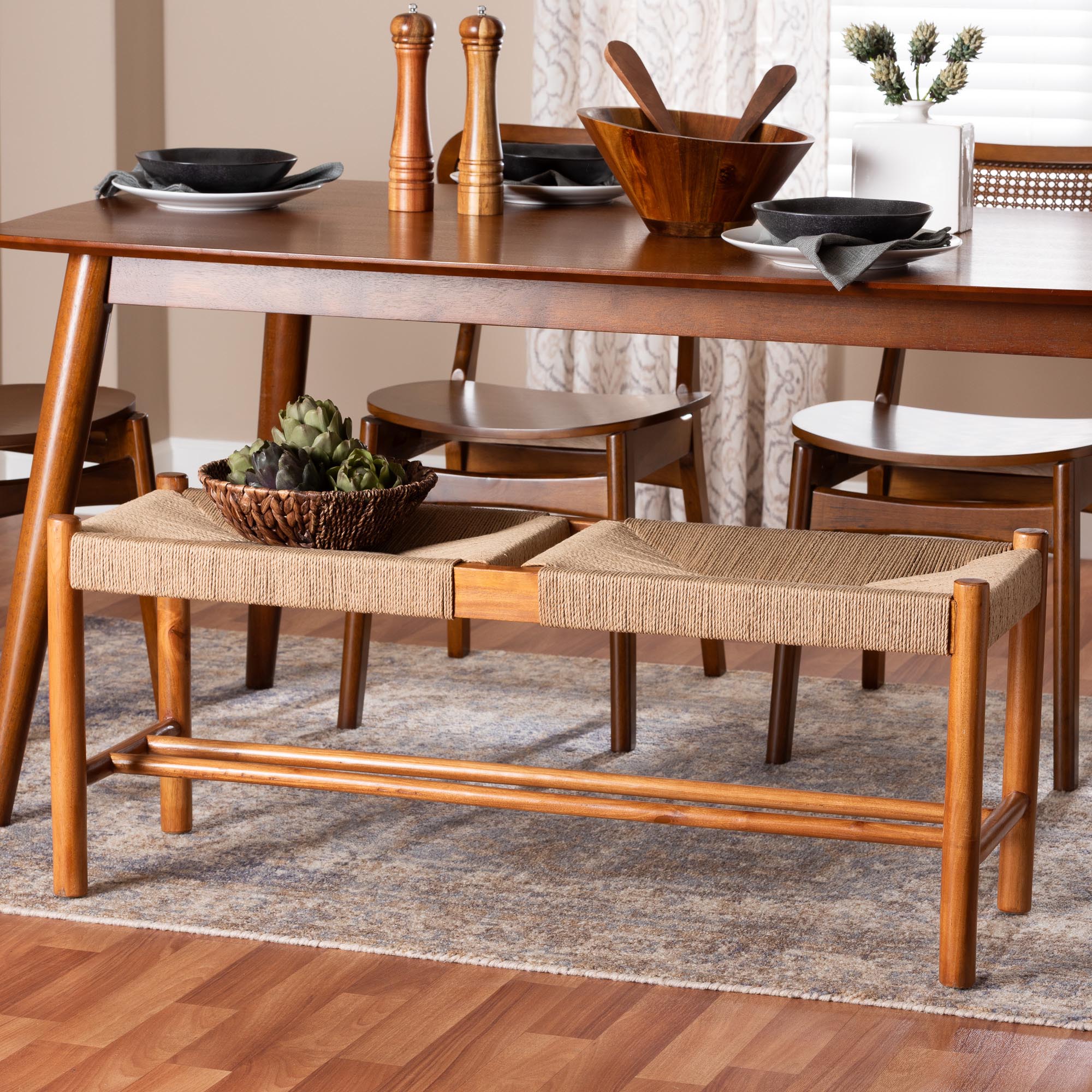 Saura Mid-Century Modern Finished Wood and Hemp Dining Bench
