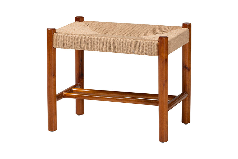 Saura Mid-Century Modern Finished Wood and Hemp Accent Bench